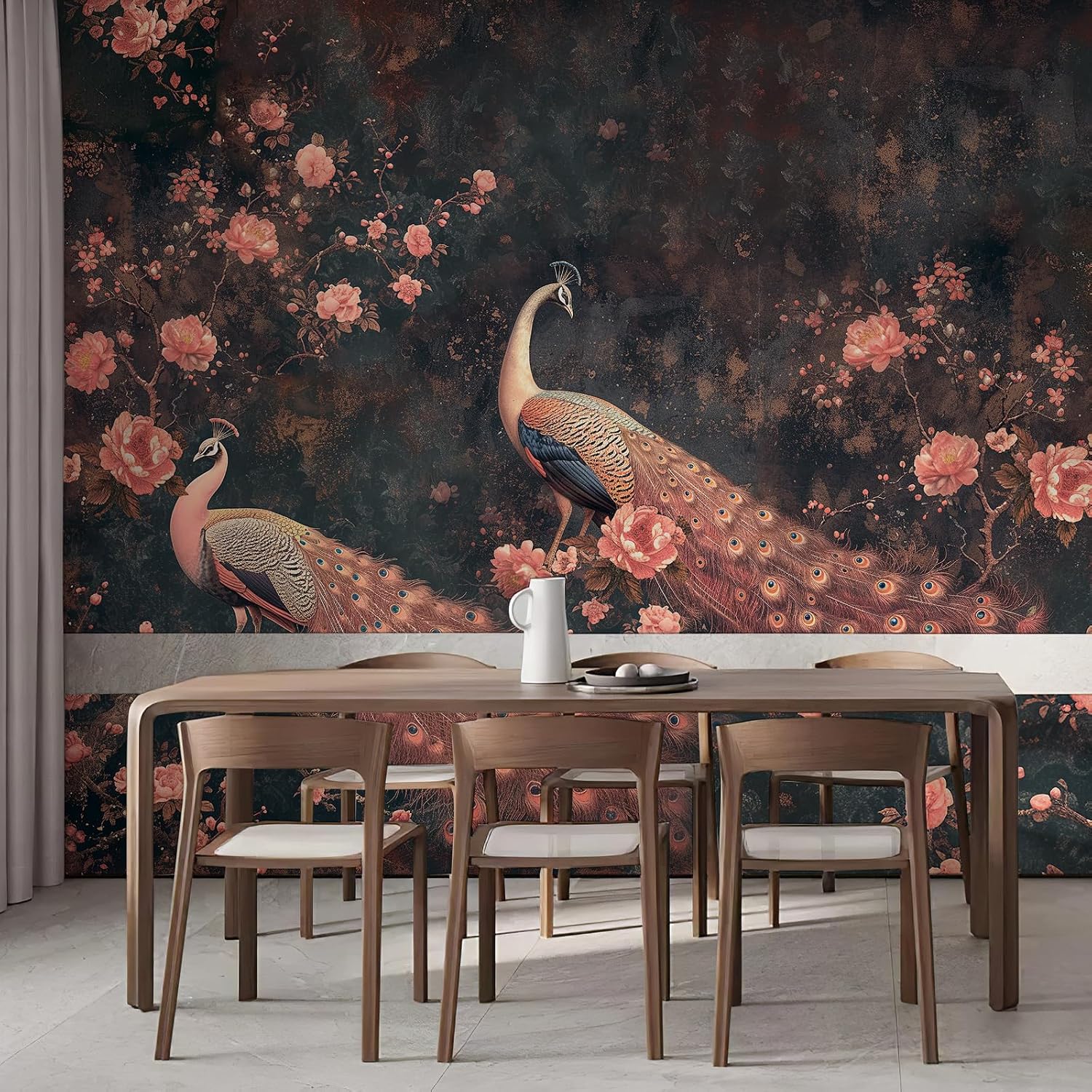 Zeeko Large Peacock Wall Murals Peel and Stick 148" W x 98" H Canvas Pink Peony Flower Wallpaper Self Adhesive Retro Chinoiserie Wall Paper for Bedroom Living Room Home Decor