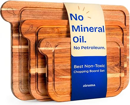 Ziruma Non-Toxic Acacia Wood Chopping Board Set of 3, Mineral Oil Free | Petroleum free. No BPA. FSC-certified wood. 3 sizes 17x11, 14x9 & 11x7 in. Beeswax, flaxseed & lemon oil finish.