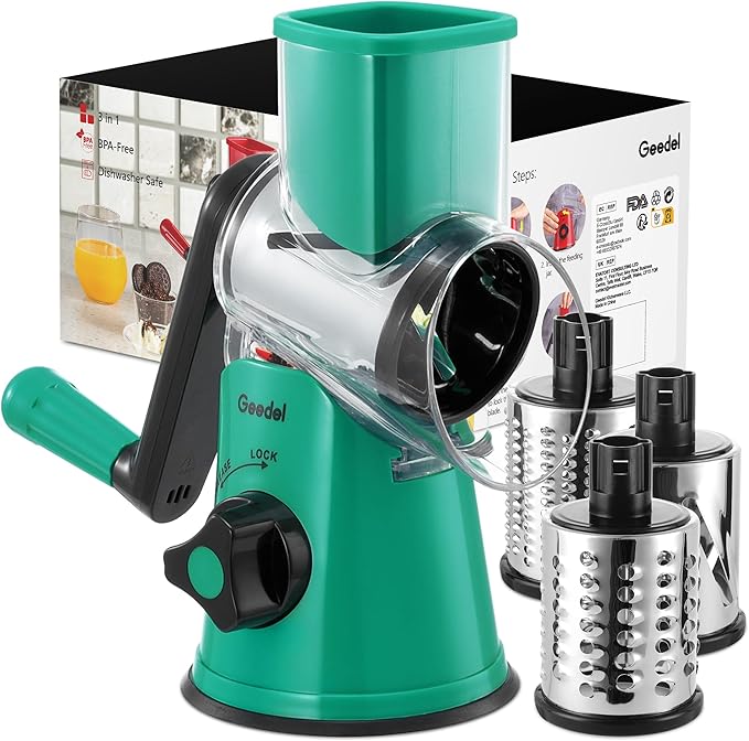 Geedel Rotary Cheese Grater, Kitchen Mandoline Vegetable Slicer with 3 Interchangeable Blades, Easy to Clean Rotary Grater Slicer for Fruit, Vegetables, Nuts