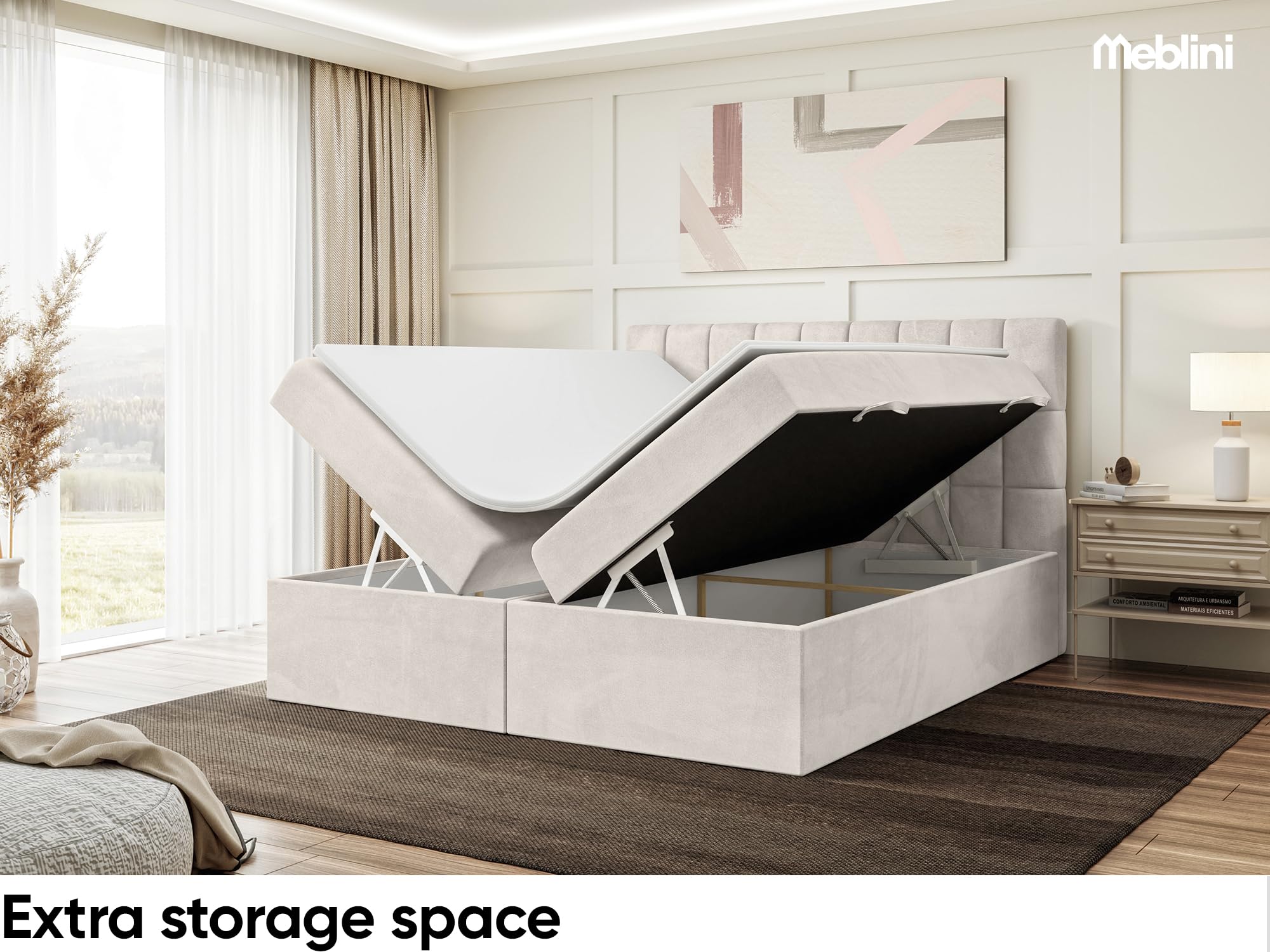 MEBLINI Boxspringbett mit Bettkasten - 180x200 - Gepolstert Doppelbett mit Matratze und Topper - Polsterbett mit Stauraum - Bett mit Kopfteil - Stauraumbett - Lukas - H4/Beige Samt
