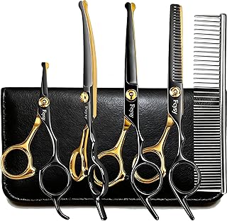Dog Grooming Scissors Kit, Fcysy Professional Pet Shears for Cats at Home, Dog Grooming Tools with Curved & Straight Blades Scissors Thinning Shears Pet Supply Set