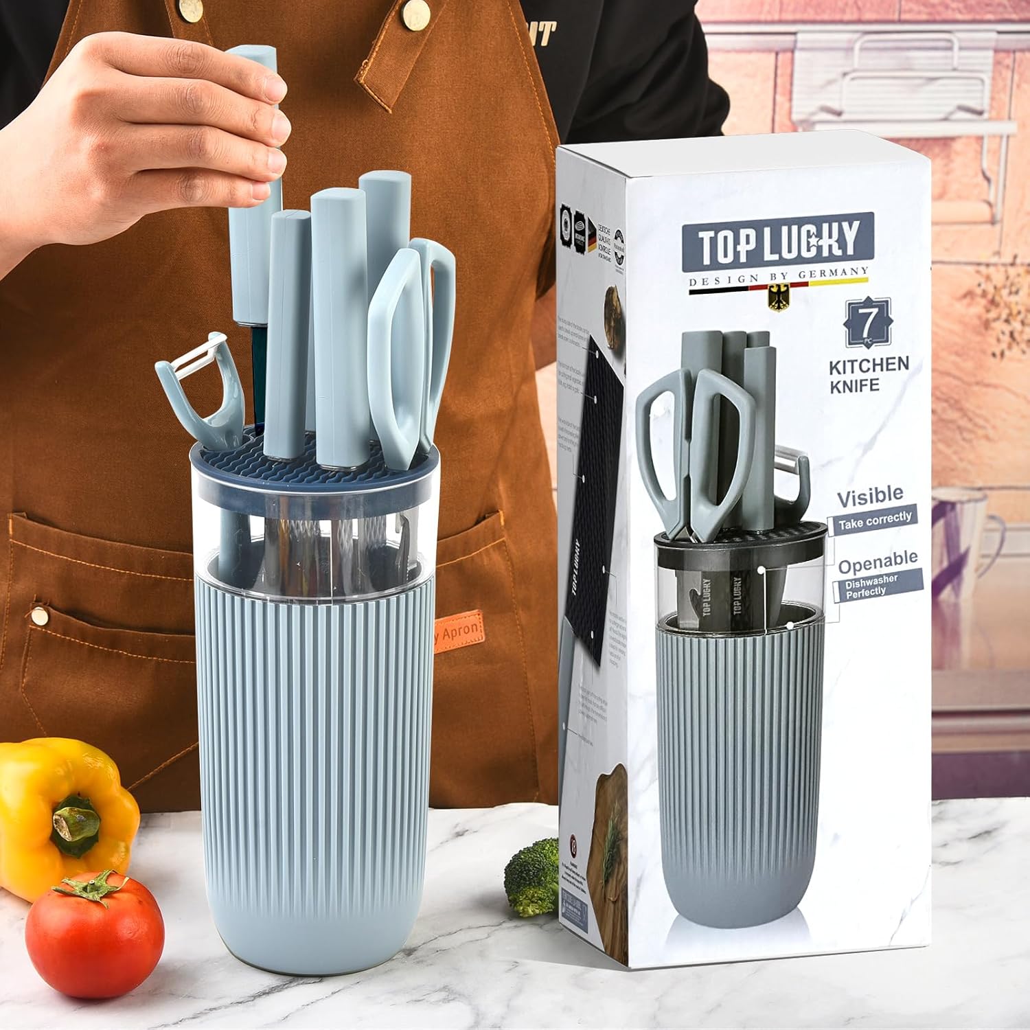 Knife Set, 7-Piece Kitchen Knife Set with Sharp Chef and Meat Knives, Anti-Rust Utility Knives Set for Kitchen, Kitchen Knife Block Set(Blue) - Image 7