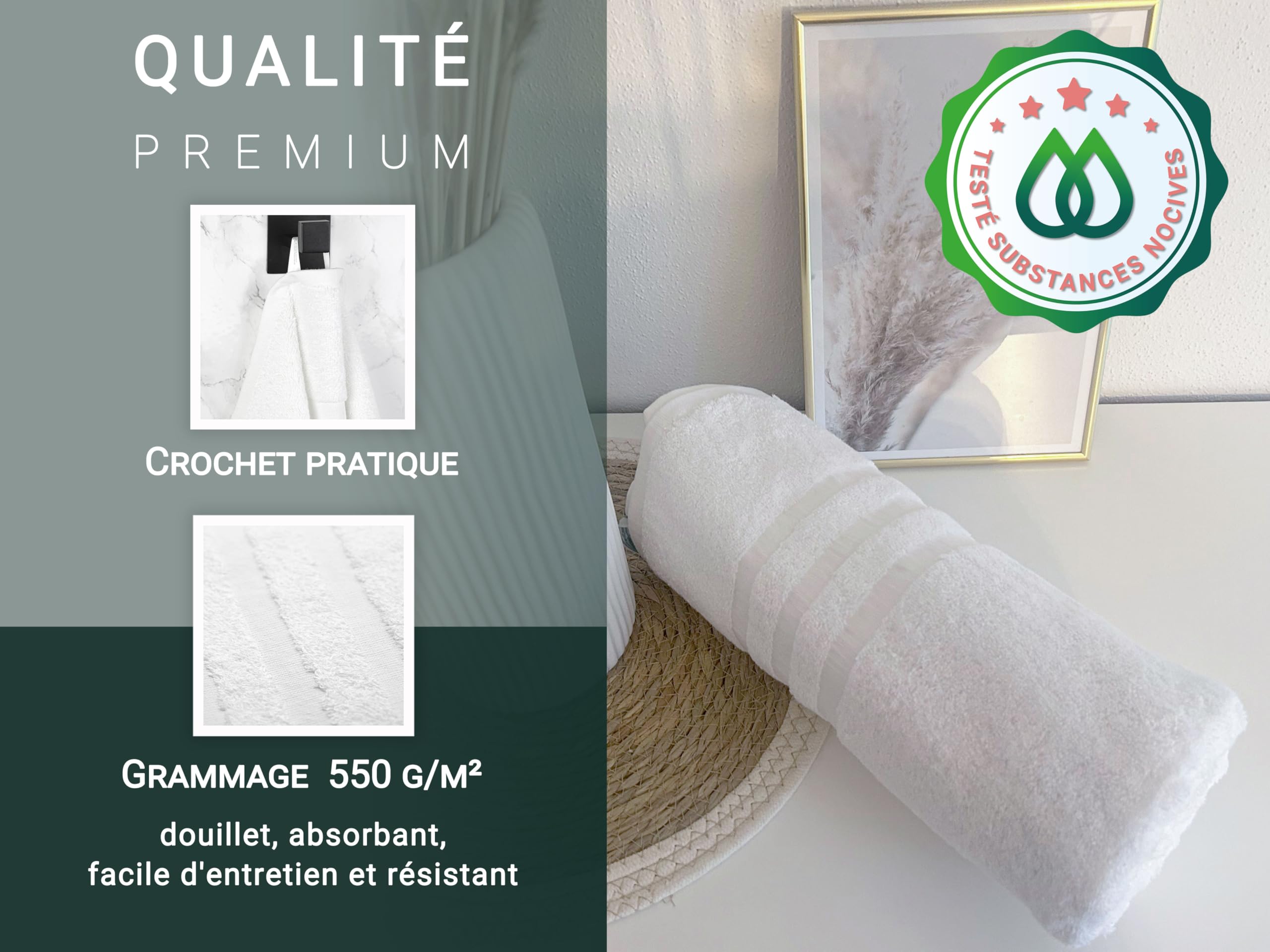 ZOLLNER Lot de 10 Serviettes 50x100 cm - Serviettes en Coton moelleuses et très absorbantes, Couleur Blanche - avec Crochet Pratique - Lavables jusqu'à 95 °C - Coton - Qualité hôtelière