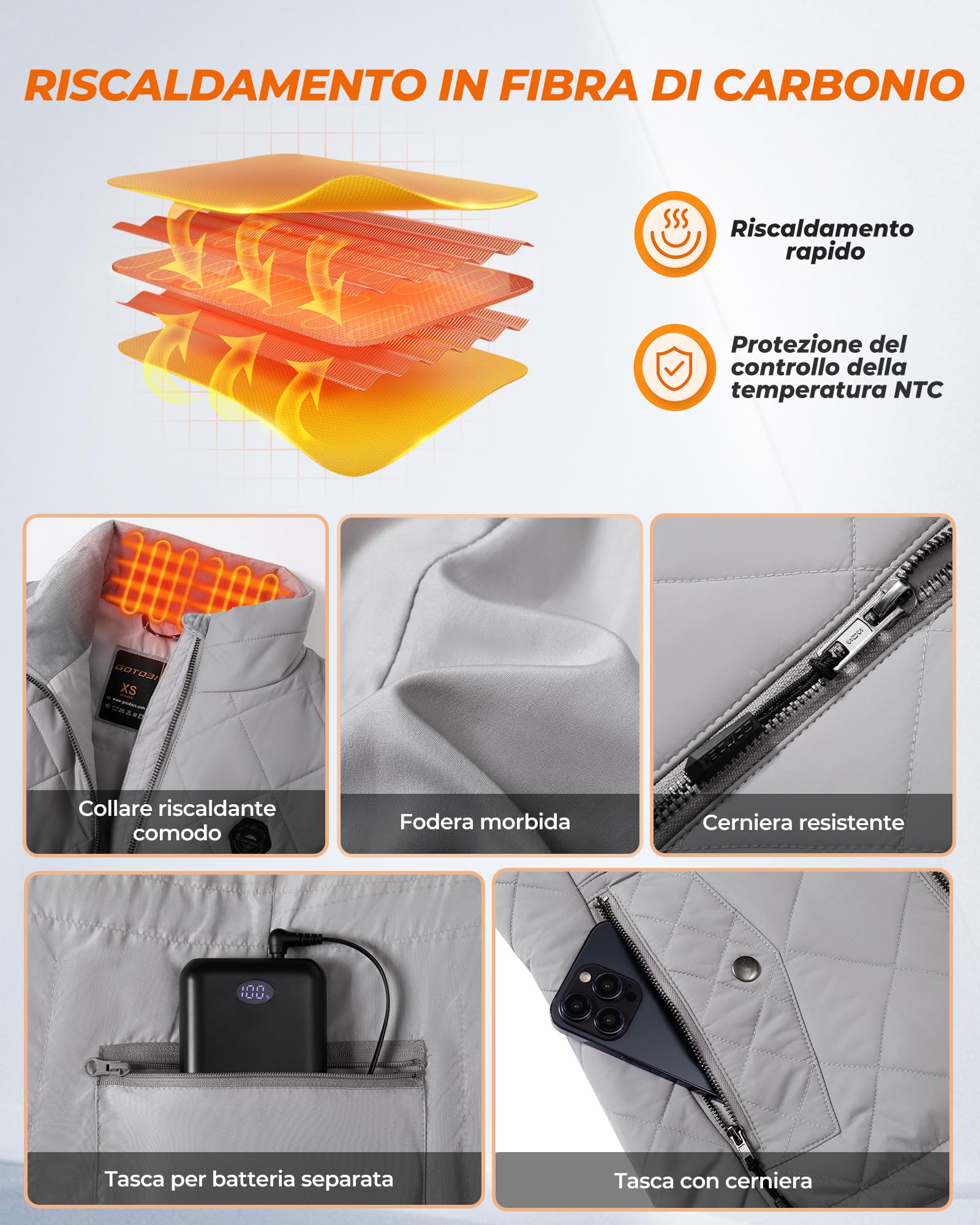 Gilet riscaldante da donna con power bank, 16000 mAh, 7,4 V, con 9 zone di riscaldamento e 3 temperature regolabili, gilet riscaldato per attività all'aperto, escursionismo, grigio, L