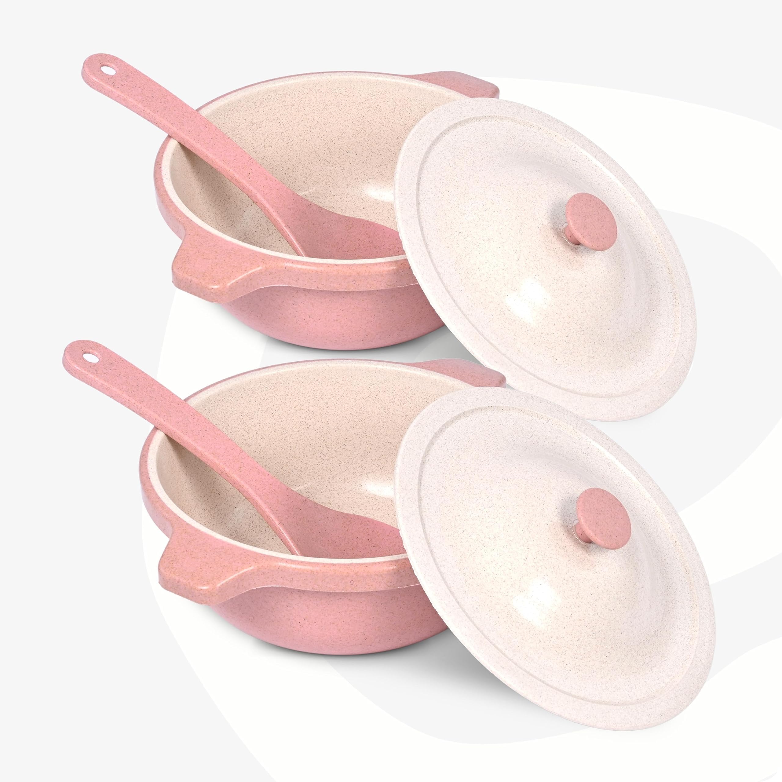 Eha Earth Friendly Serving Bowls With Lid | Microwave Safe | Made With Rice Husk And Bamboo Fibers | 1250 Ml Each | Set Of 2 | Innocent, Pink