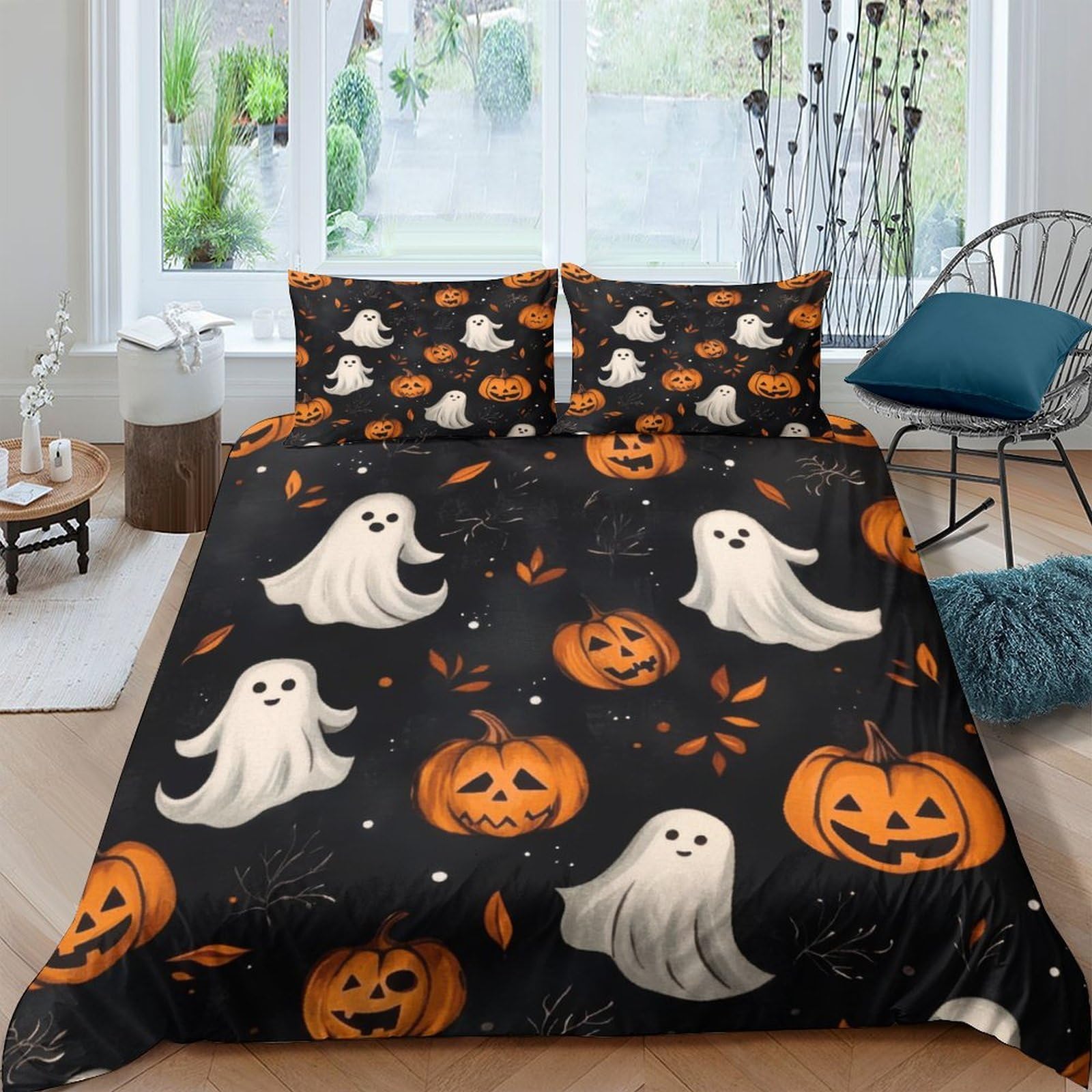 TUFRTGYHN 3D Printed Halloween Ghost Pumpkin Duvet Cover Set Microfiber Black Orange Bedding with 2 Pillowcases for Bedroom Decor Single（135x200cm）
