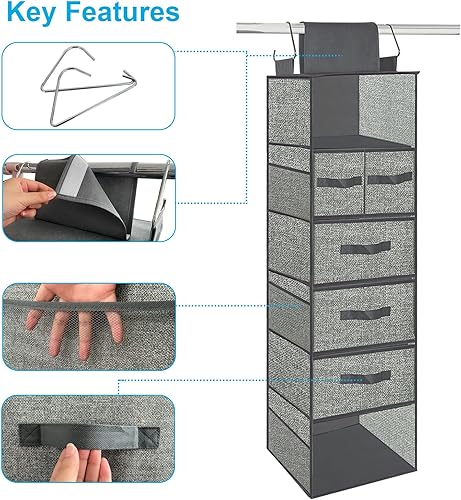Miniatura 6 de homyfort Organizador colgante de armario con cajones  6 estantes de organización y almacenamiento, 5 cajones de ropa y 6 bolsillos de nailon para