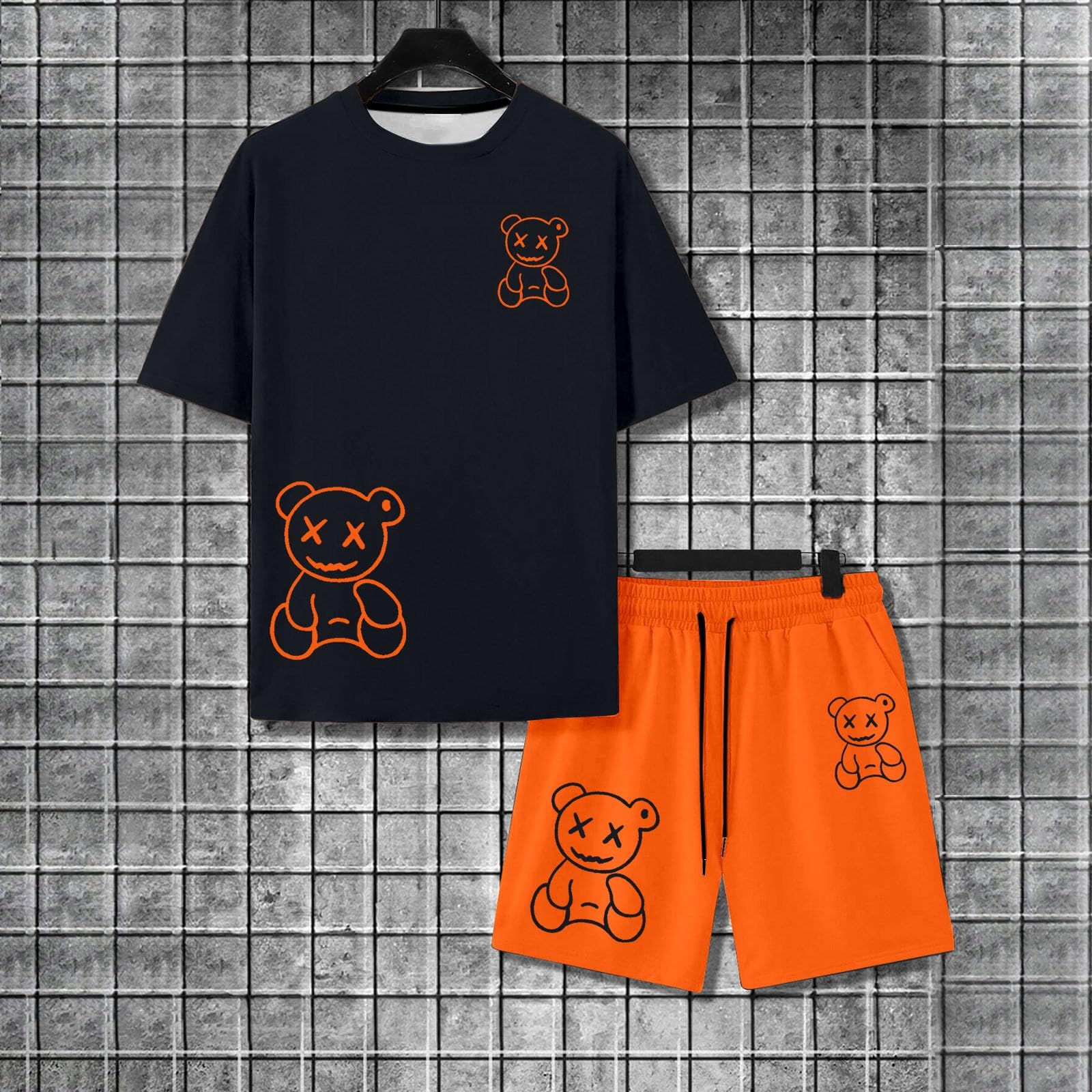 Tuta da uomo a due pezzi divertente con stampa a orsetti, pigiama estivo corto con scollo rotondo, maglietta e pantaloncini, tuta per attività all'aria aperta, stile hip hop