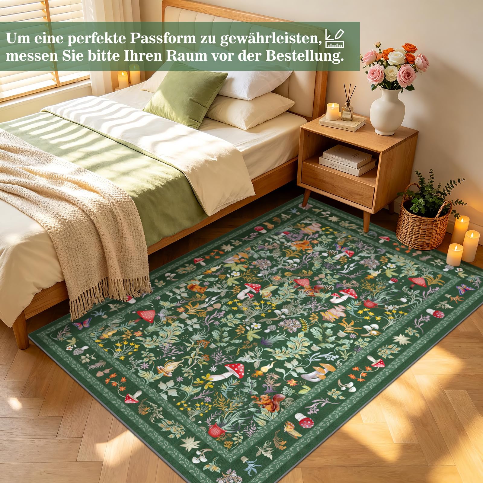 Teppich Wohnzimmer 120x180 cm, Märchenpilz Kurzflor Teppich Schlafzimmer, Waschbar Küchenteppich, Weich rutschfest Teppiche Kinderzimmer für Küche Esszimmer Gastzimmer Büro Grün