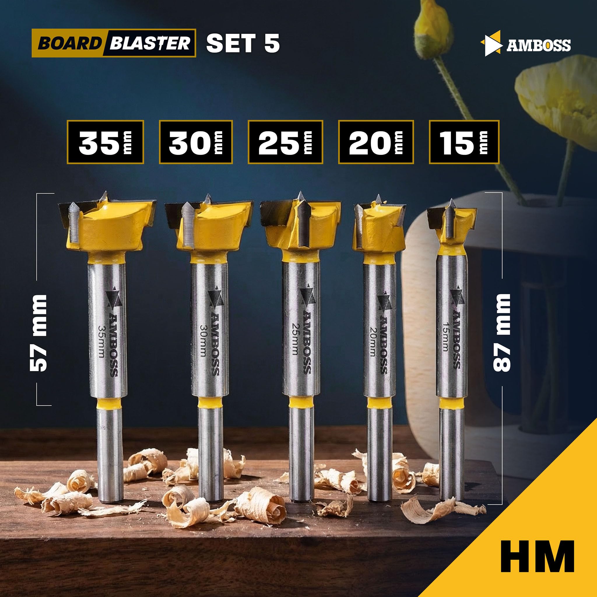 Forstnerbohrer Set (5-tlg. / Ø 15-35 mm) – Amboss Werkzeuge BOARDBLASTER Hartmetall Holzbohrer 15/20/25/30/35 mm – präzise Bohrungen Holz & Plattenwerkstoffe (Spanplatten, OSB-Platten, Multiplex)