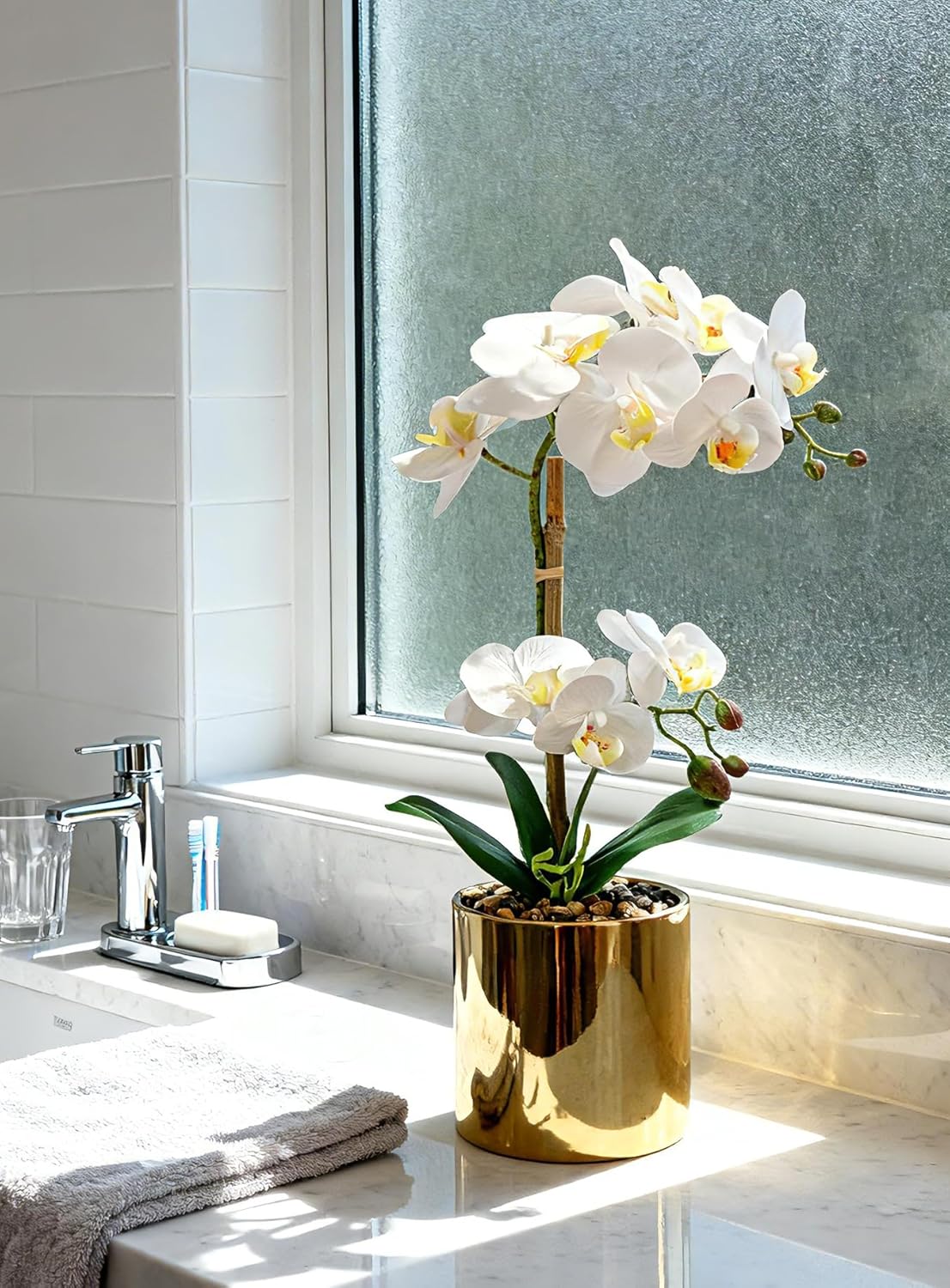 Fake Orchid White Flowers Realistic Orchids Plants 16.5" Real Look Faux Orchid in Gold Ceramic Pot for Home Decor Bathroom Kitchen Office Living Room Table Centerpieces