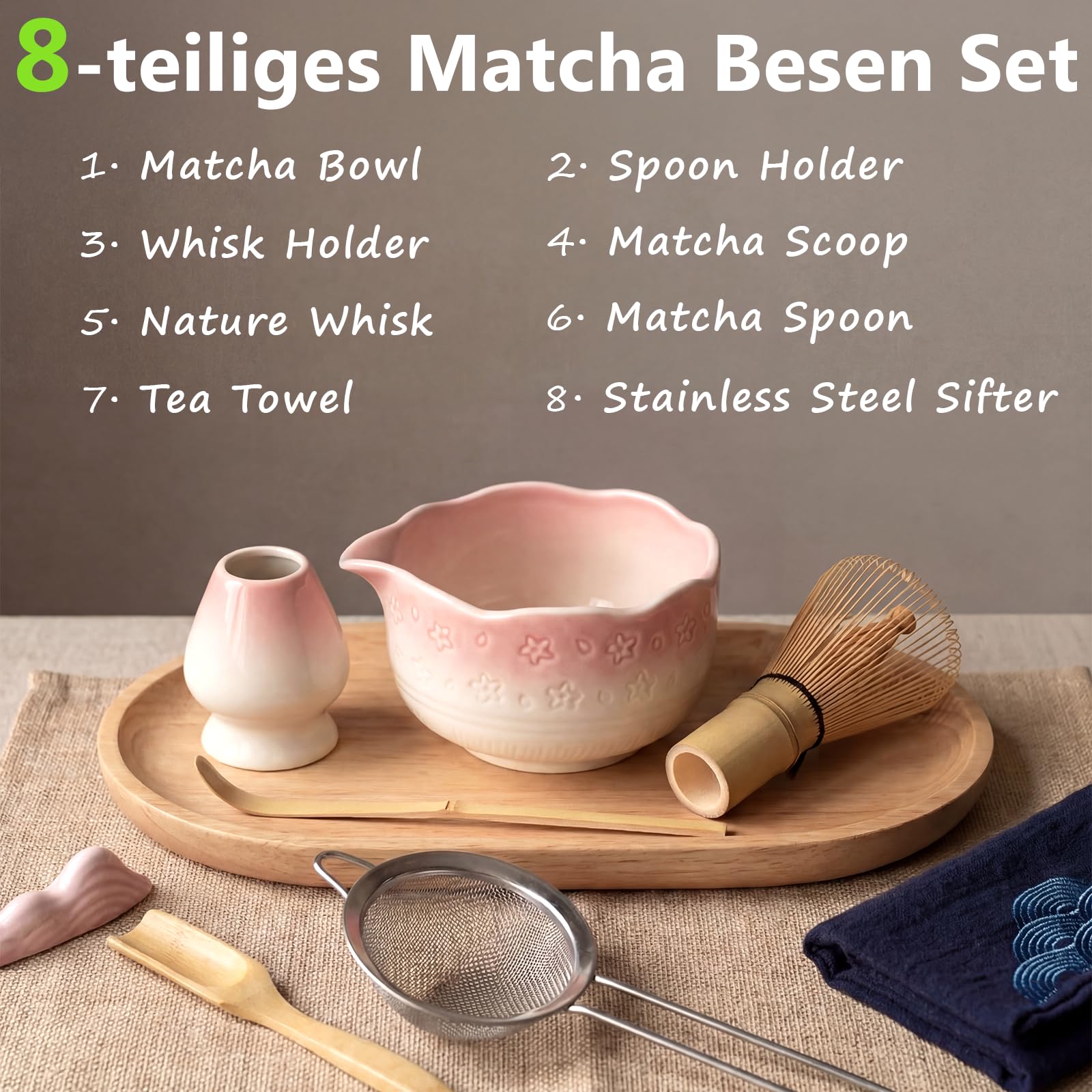 8 pezzi Matcha Kit, Matcha Set design a fiori di ciliegiocon Frusta Matcha, Ciotola, Cucchiaio, Filtro, Supporto, Kit Matcha completo, Elegante Set per Amanti del Matcha(Rosa Sfumato)