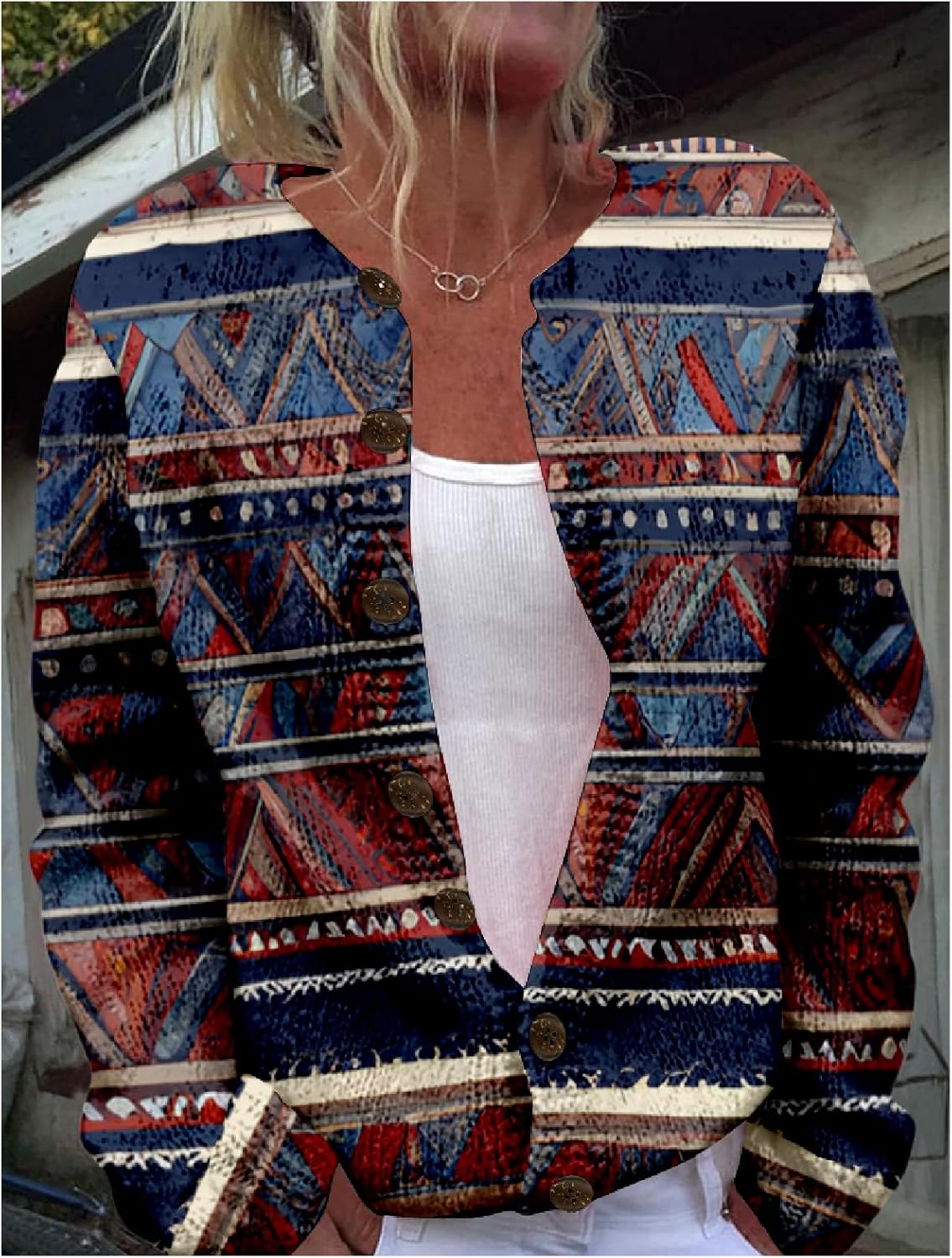 Striped Sweater Women Western Aztec Print Cardigan Button Up Cropped Knitted Oversized Fashion Open Front Blouses - Image 2