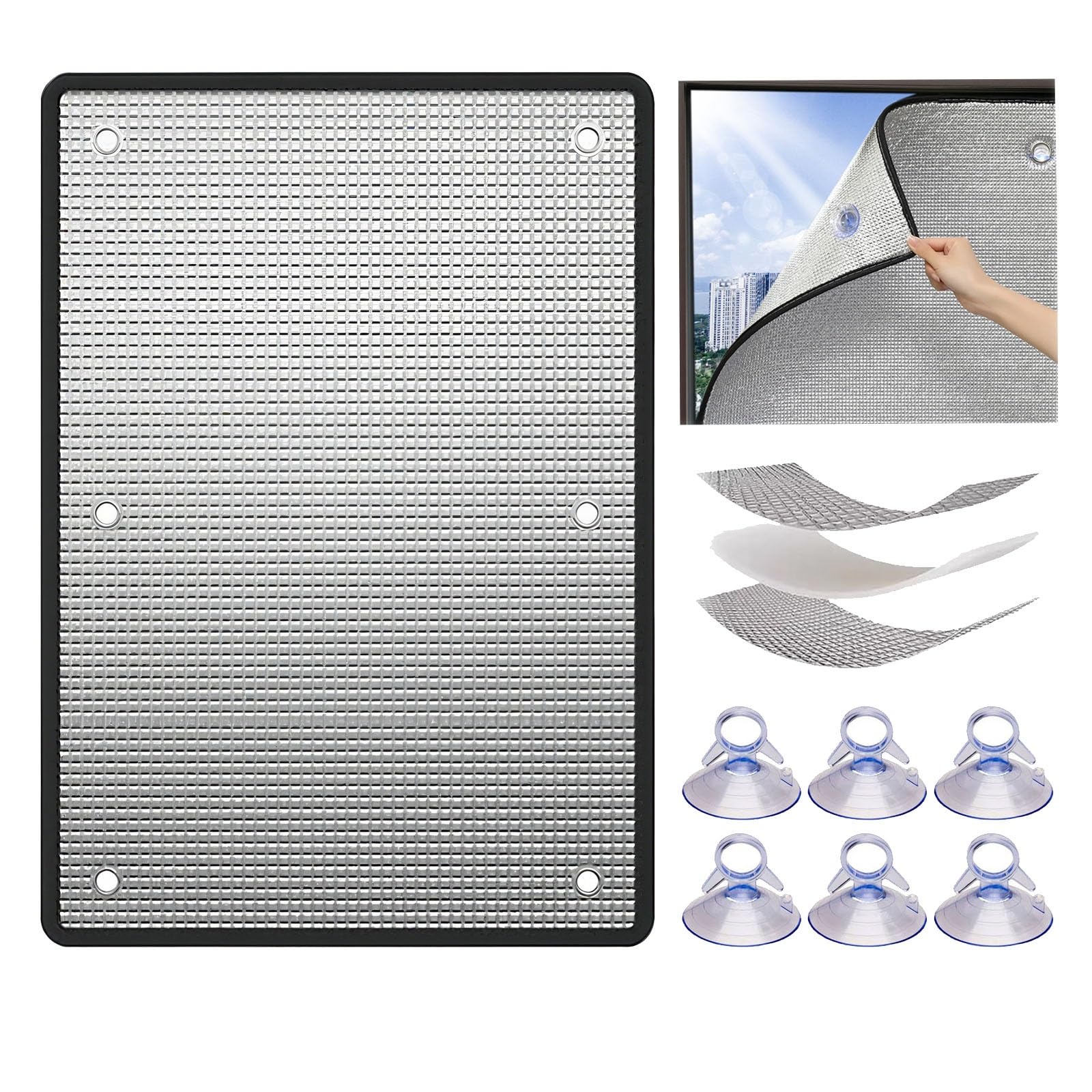 Heat Reflective Window Film, Double Aluminium Foil Blackout, UV Blocking Sun Protector, 30 50 60 90 100 cm W Anti-Glare Privacy Film with Suction Cups, for Sun Room/Balcony/Skylight(90cm x 100cm)