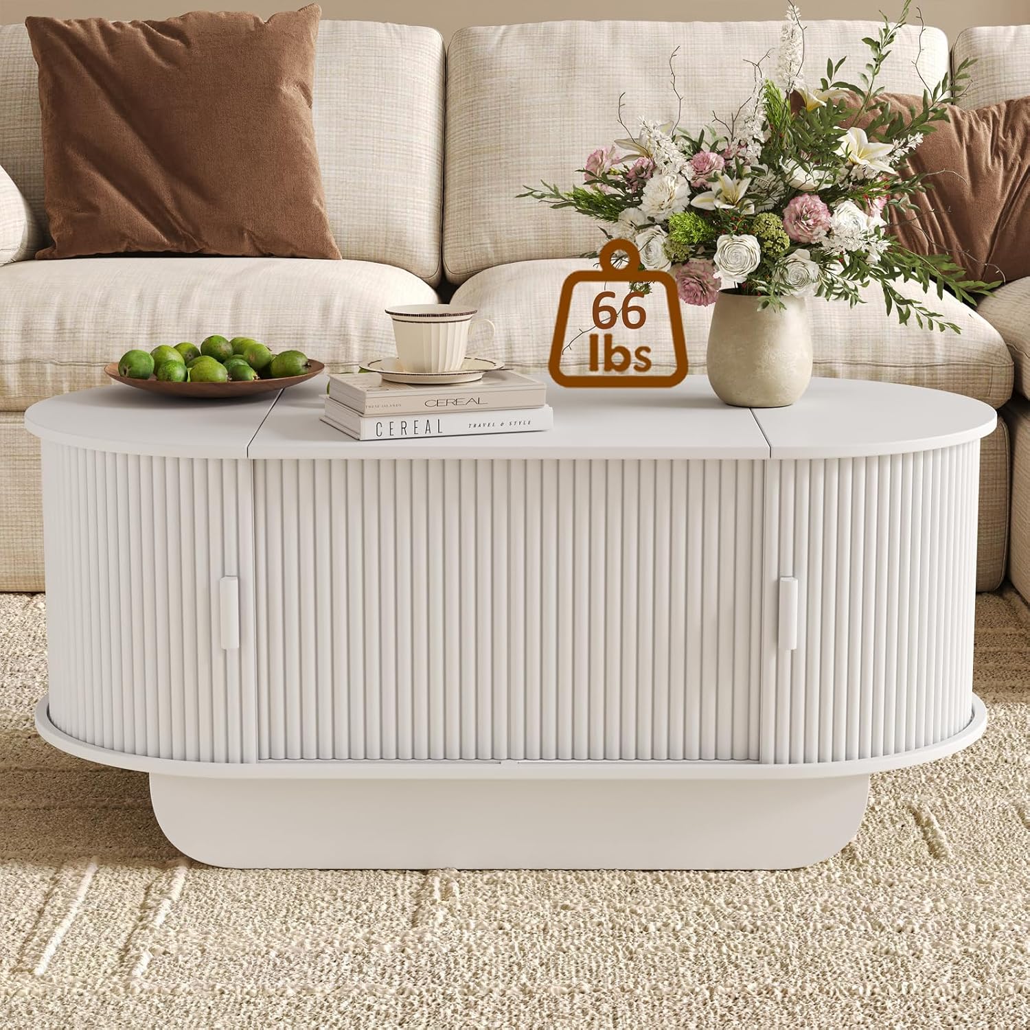 Lift Top Coffee Table with Storage, Oval Wood Coffee Table with Sliding Doors & Hidden Compartment, Fluted Center Table for Home, Living Room,Office, White