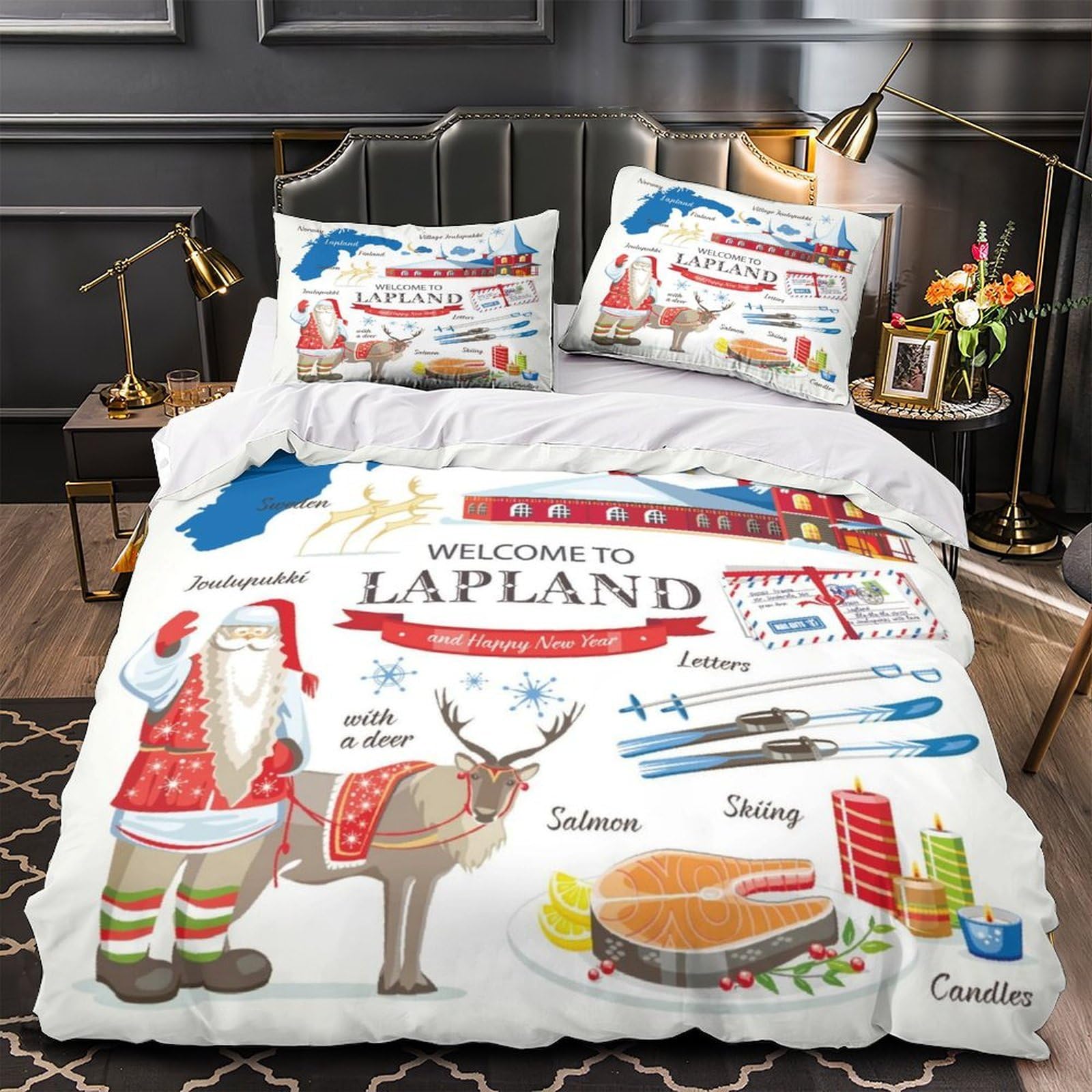 Guía de Viaje de Laponia Impresión 3D 3 Piezas Funda de edredón Estilo Festivo escandinavo cubrecama Microfibra morbida Cierre Cremallera para bebés niños Hombres Super King（260x220cm）