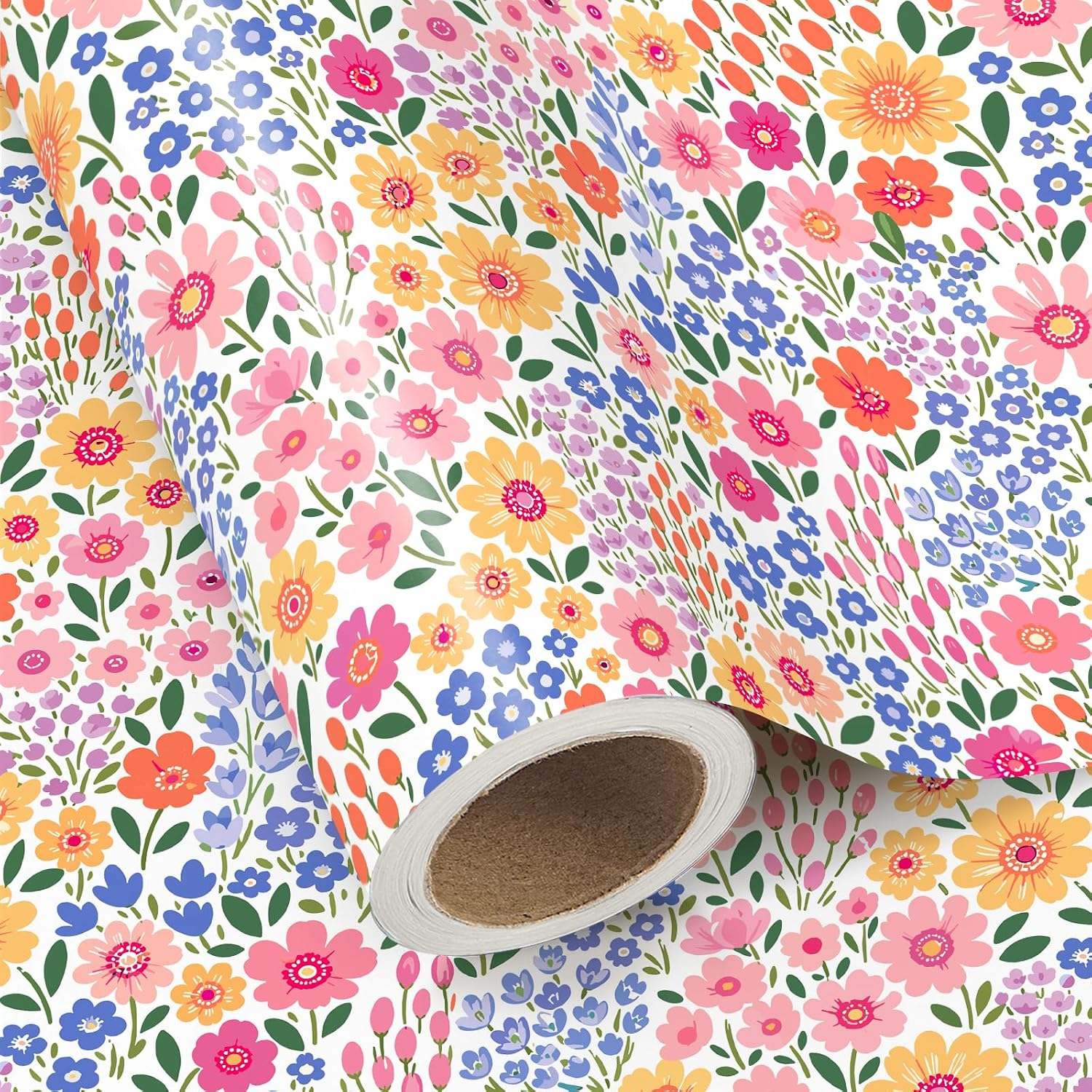 WRAPAHOLIC Kraft Floral Wrapping Paper Roll - Mini Roll - 17 Inch x 9.8 Feet - Ditsy Flower Wrapping Paper, Perfect for Wedding, Birthday, Bridal Shower, Tea Party