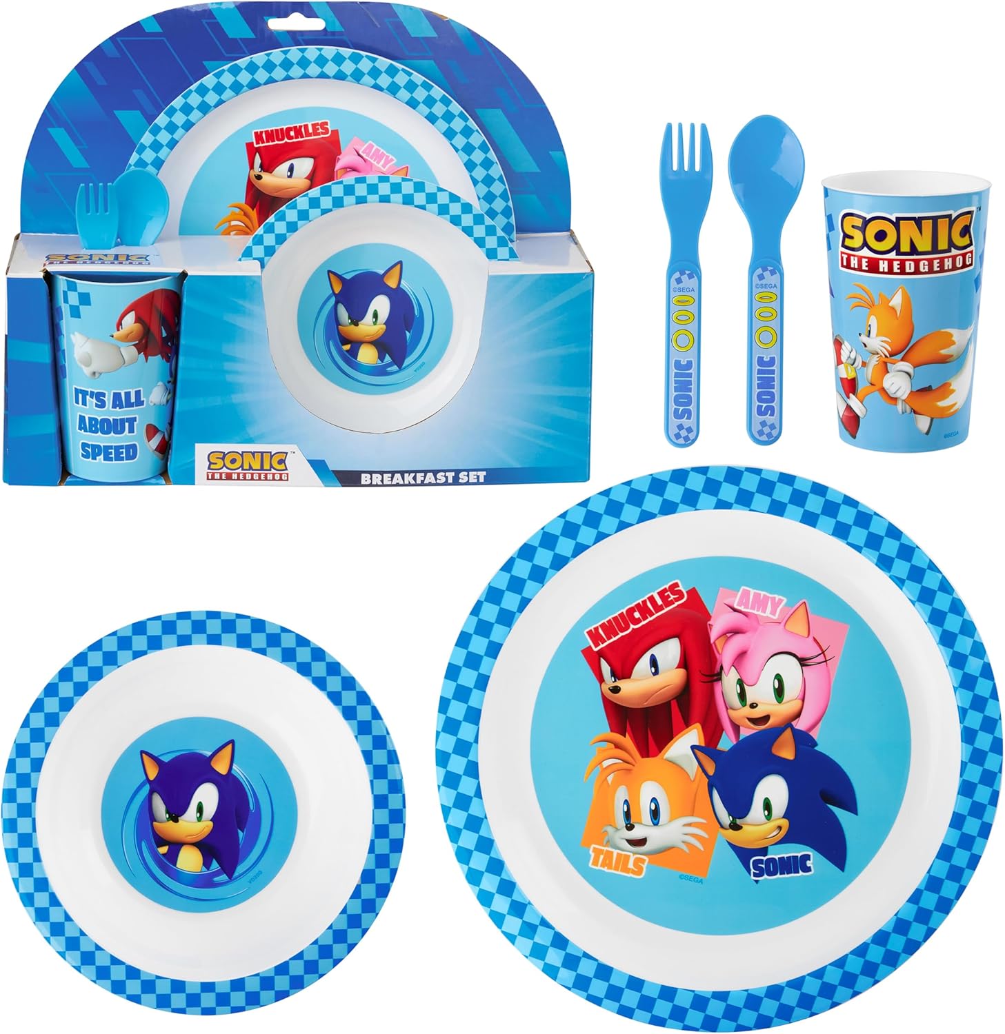 GetTrend Sonic the Hedgehog 5-Piece Kids Dinnerware Set: BPA-Free Plate, Bowl, Cup, Spoon, Fork - Dishwasher Safe Fun Tableware (Blue)