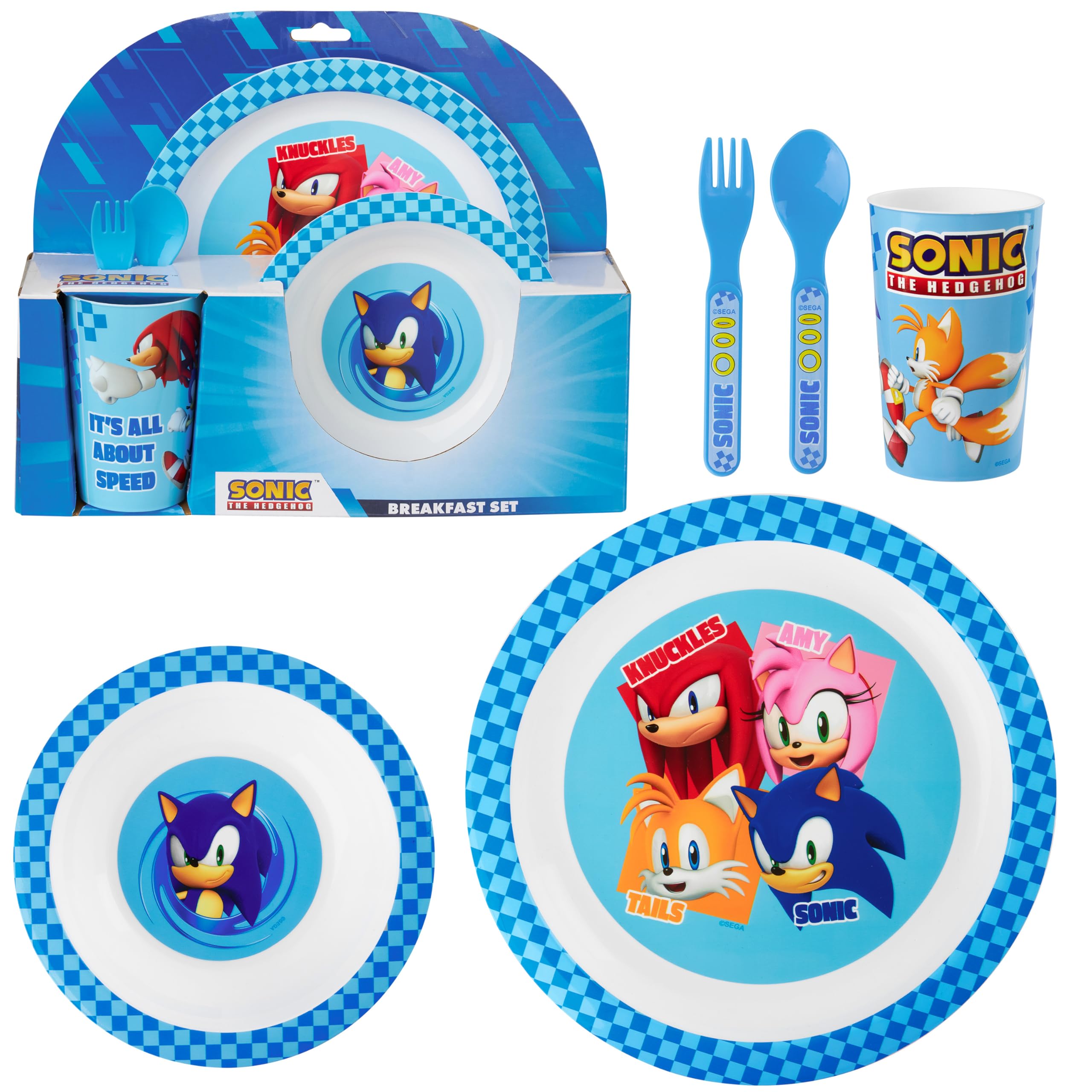 Get Trend SONIC THE HEDGEHOG Set Stoviglie Bambini, Posate Set 5 Pz Riutilizzabile, Piatti Plastica Ciotola Tazza Cucchiaio Forchetta, BPA Gratuita (Blu Sonic The Hedgehog)