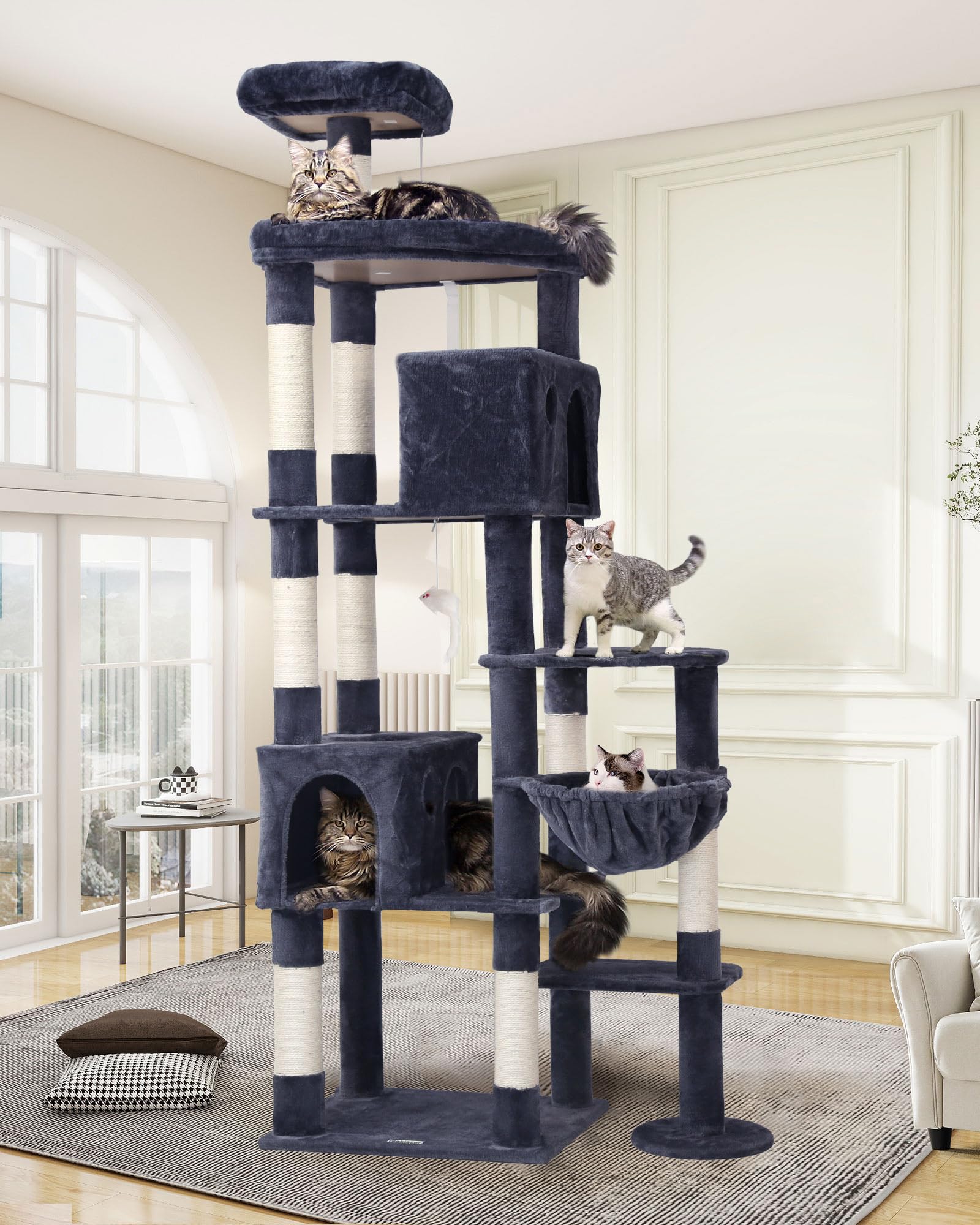 Globlazer Kratzbaum XXL für Große Katzen 213 cm mit 2 Groß Katzenhaus, Extragroß Gepolsterte Plattform 55 * 45CM, 9 Sisalstämmen, Luxus Katzenbaum Stabil für 3-5 Schwere Katzen (F83, Dunkelgrau)