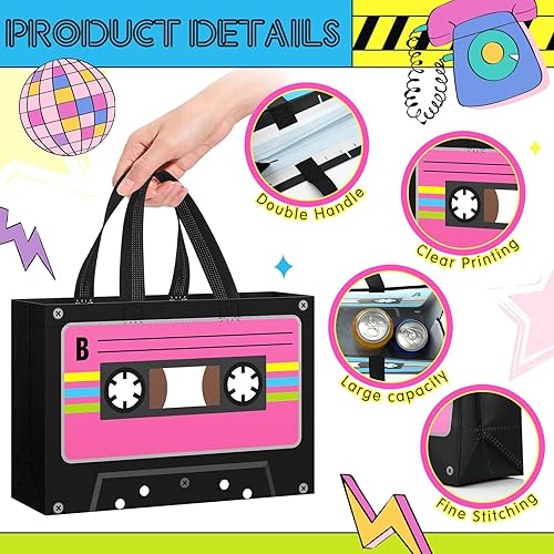 Miniatura 3 de WILLBOND 32 bolsas de recuerdos de fiesta de los años 80 y 90 de 12.2 x 8.3 pulgadas, reutilizables, no tejidas, bolsas de comestibles con asas,