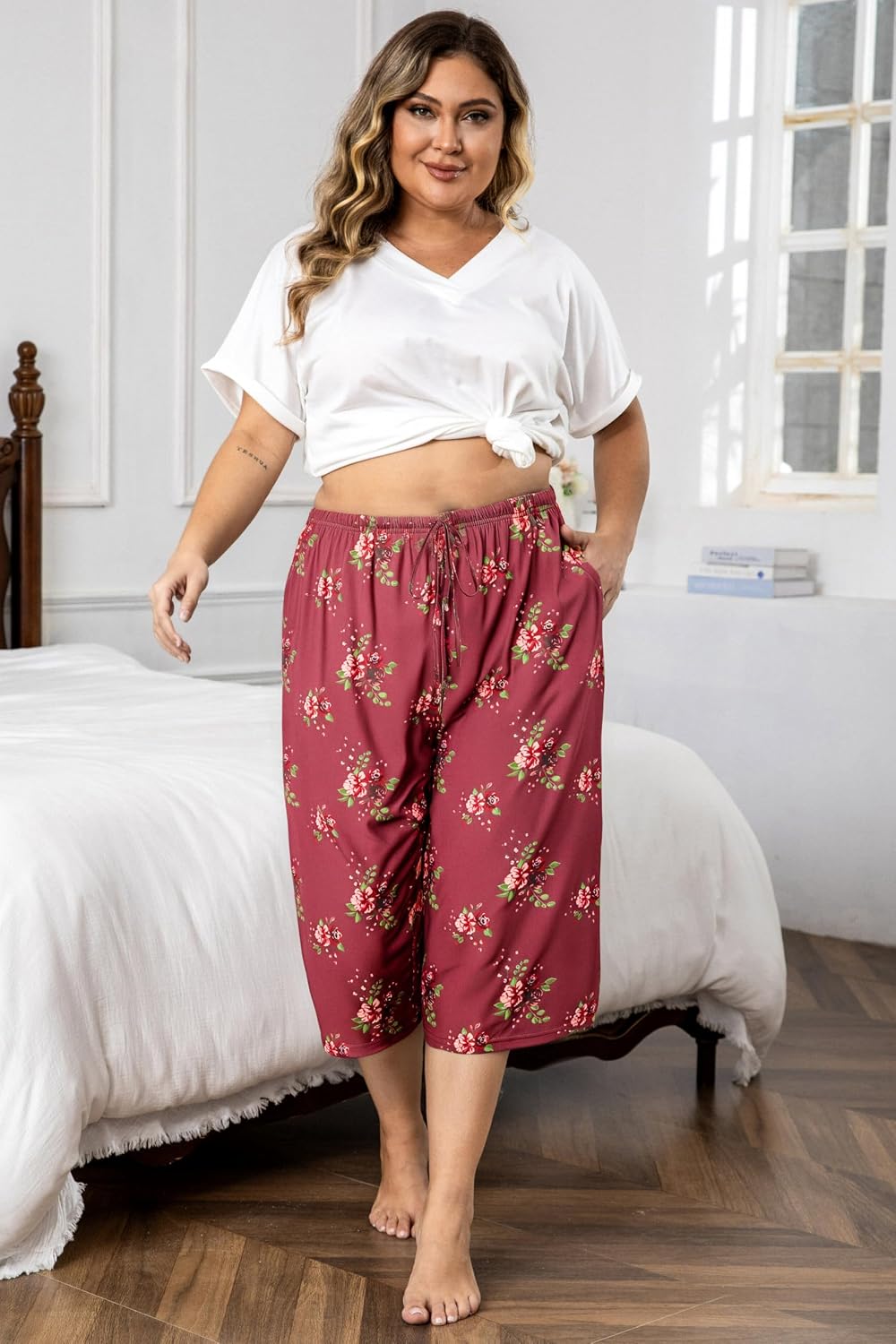 Vozanet 3 Pack Women Plus Size Capri Pajama Pants Sets Drawstring Pj Bottoms Casual Lounge with Pockets XL to 5XL