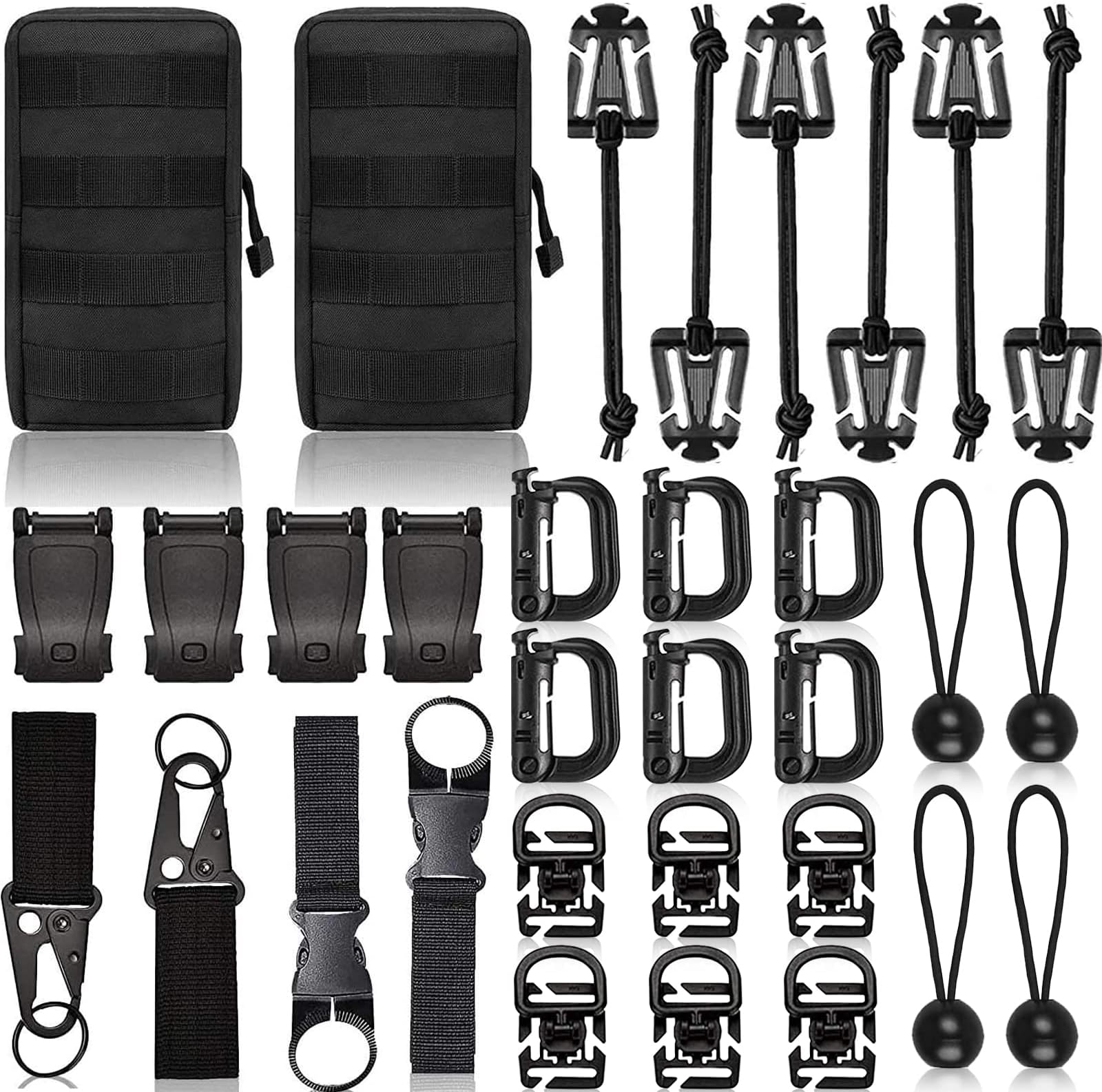 Molle Backpack Attachments Kit of 28 Accessories, D-Ring Grimloc Locking Gear Clip Web Dominator Elastic Strings Strap