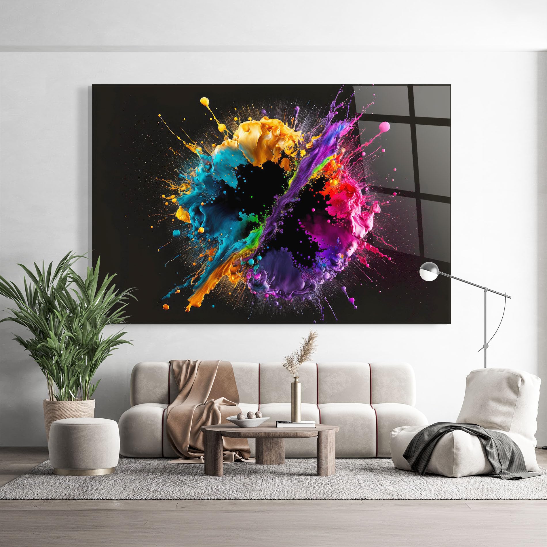 ARTHUB® Moderne impression sur verre 50x70 cm, 4mm verre trempé | Tableau en verre salon et chambre, Décoration murale moderne, Décoration intérieure, abstrait, Oily Splash Explosion