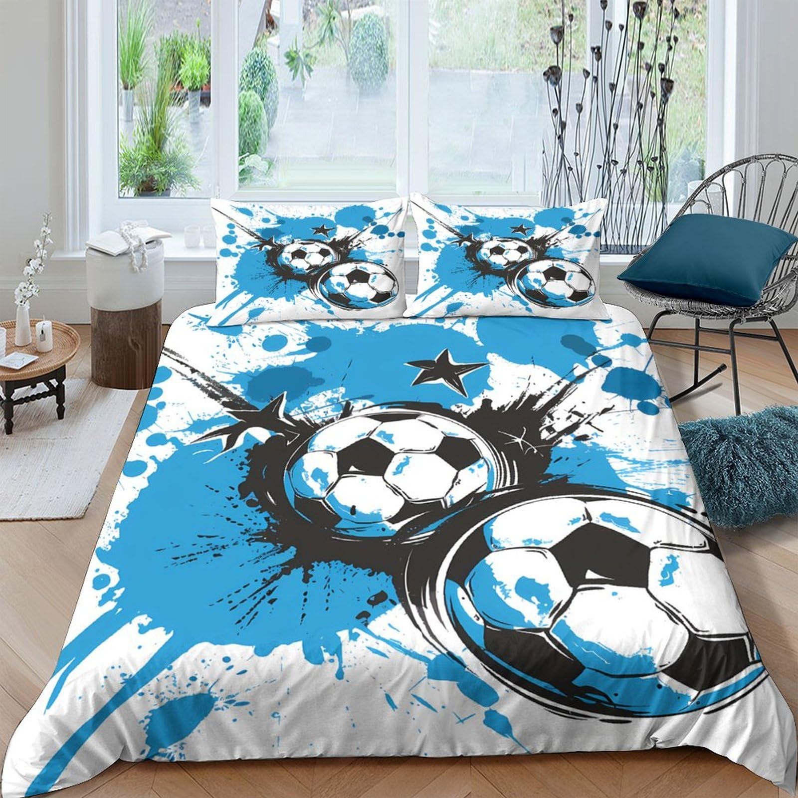 Ctjqhvkz Style-9 3D Printed Blue Soccer Ball Fitted Sheet Microfiber Soft Anti-Slip Mattress Cover For Bedroom Guest Room Teen Bed Decor Single（135X200cm）