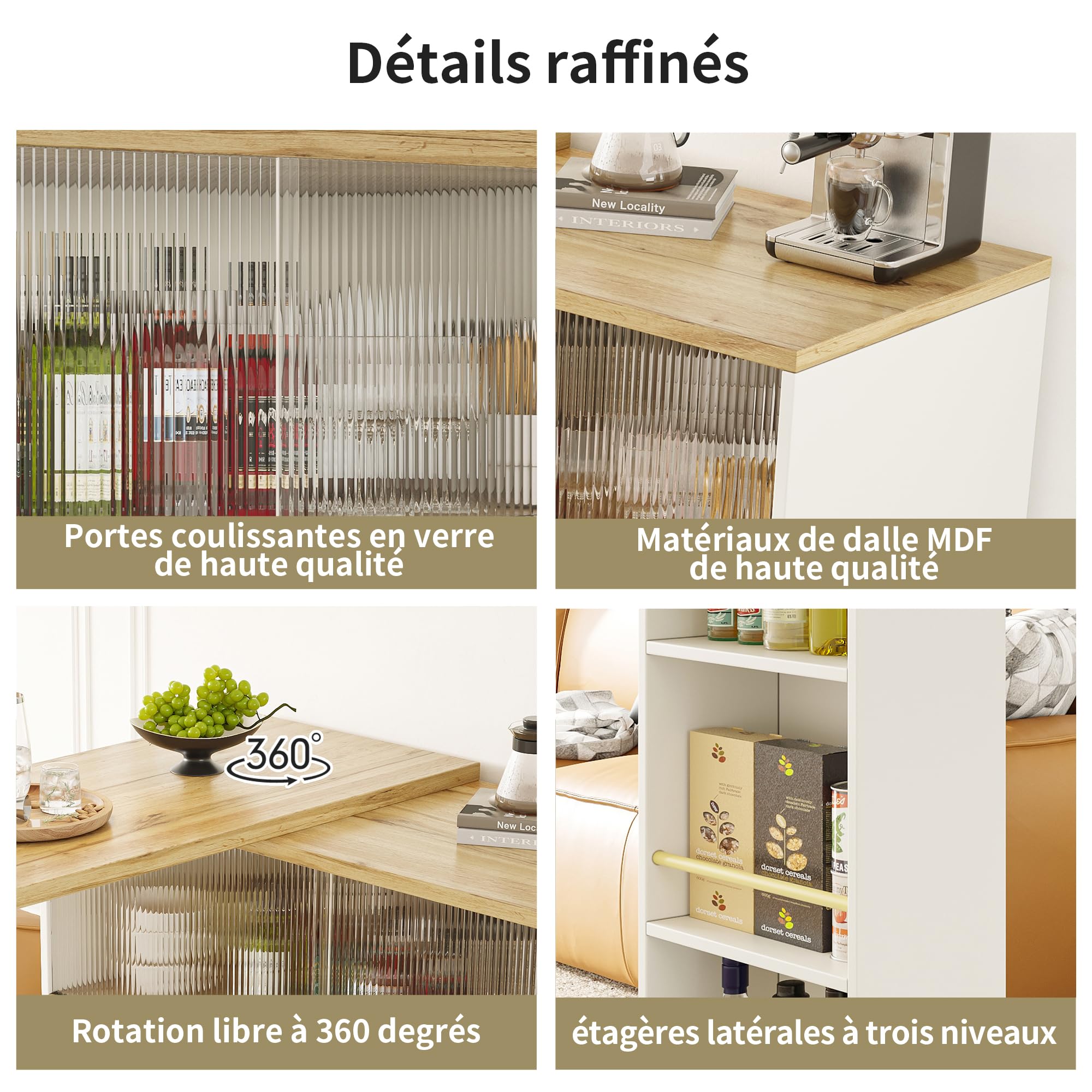 Azkoeesy Bartisch Esstisch 360° drehbare mit Stauraum, 90 x 45 x 100-165 cm, mit Rollen, Seitenregal, Schiebetüren aus Glas, Stehtisch/Bistrotisch/Hochtisch/Kücheninsel, weiß