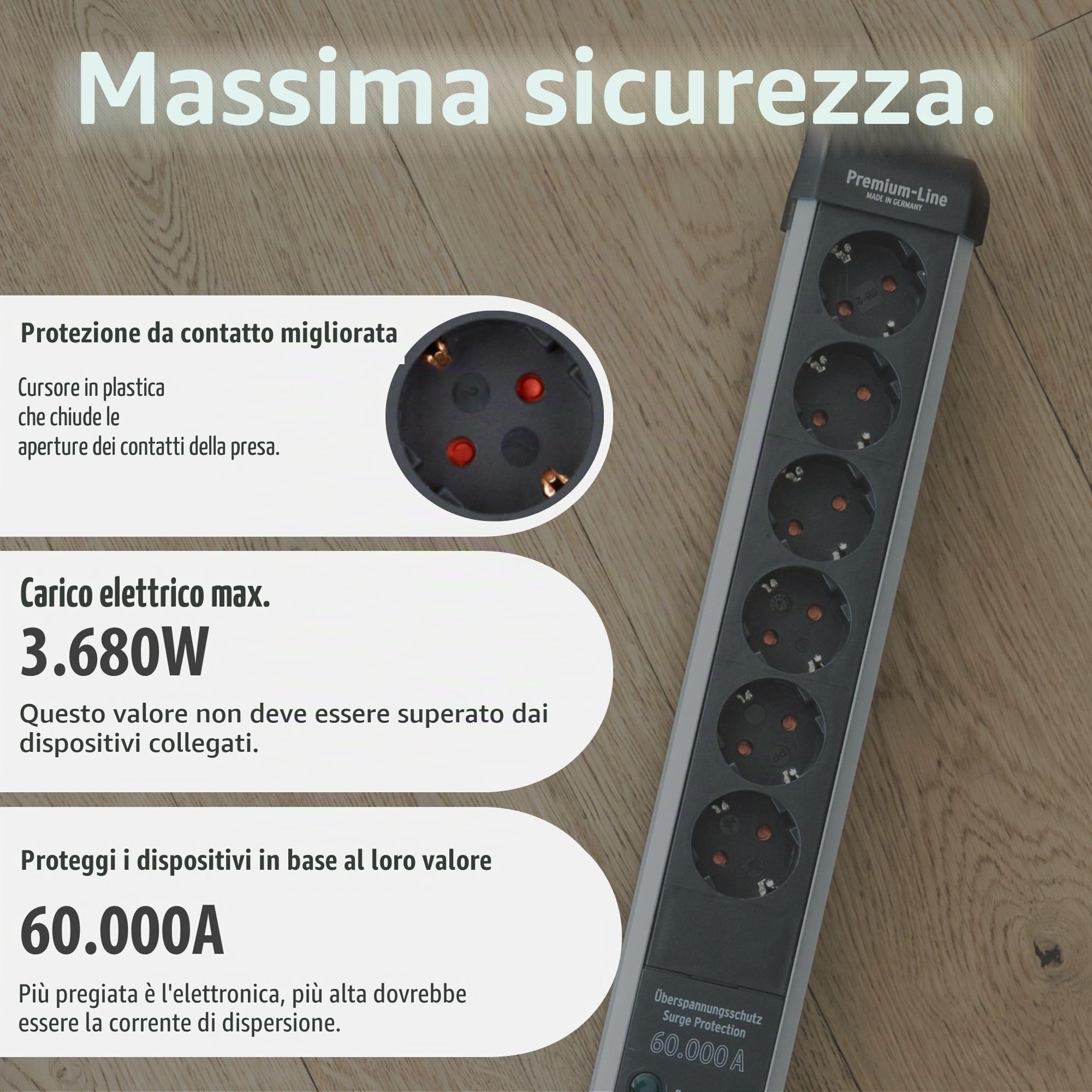 Brennenstuhl Premium Protect-Line - Ciabatta elettrica a 6 prese con protezione contro le sovratensioni 60.000 A (presa multipla con interruttore e cavo da 5 m, Made in Germany) argento/nero
