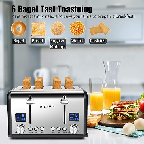 Miniatura 3 de Tostadora de 4 rebanadas, tostadora de acero inoxidable con temporizador LCD, ranuras extra anchas, pantalla doble, bandeja de extracción de migas