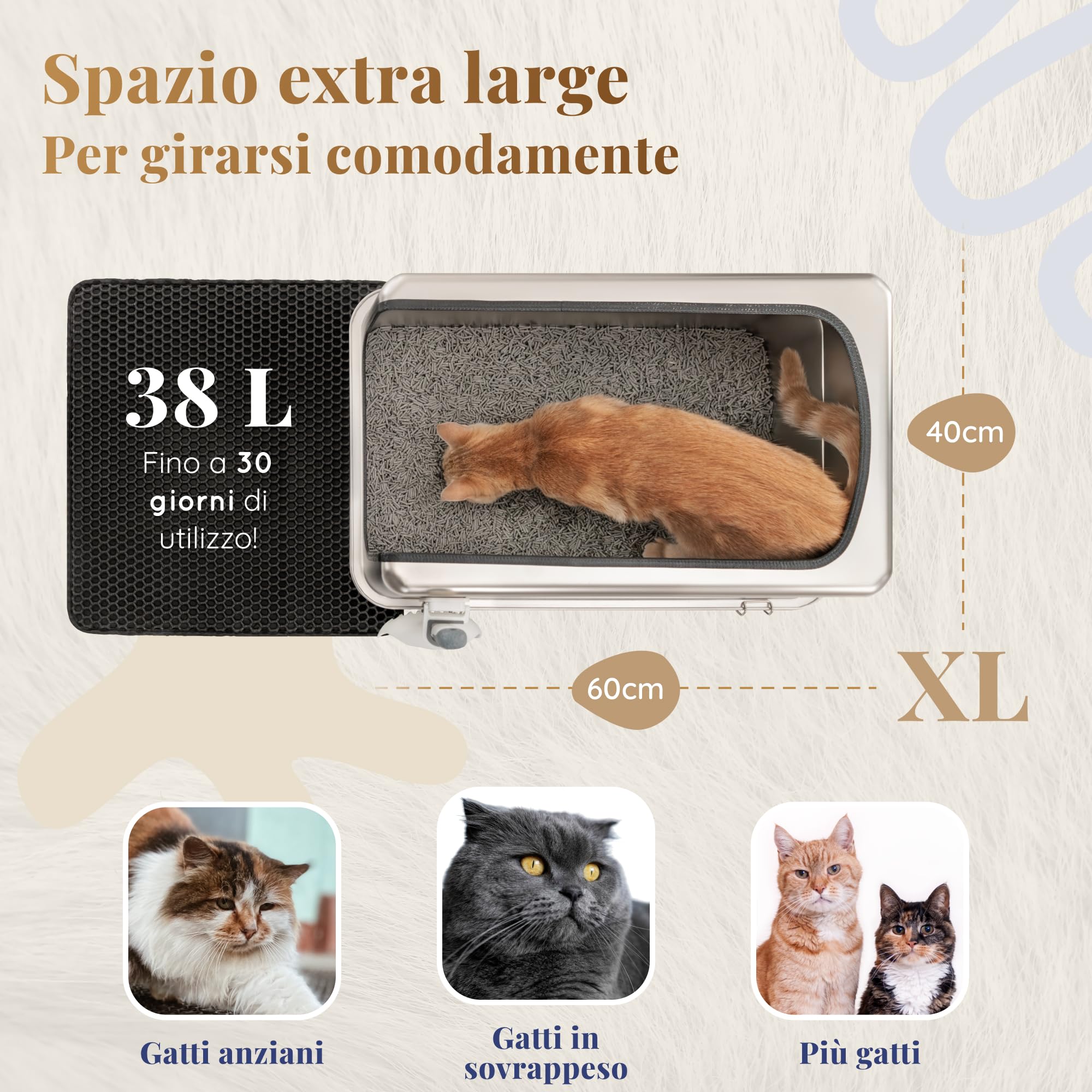 Lettiera Acciaio Inox – Inodore e Antiaderente – La Cassetta Gatto Inox XXL – Capacità 38L – Lettiere in acciaio per gatti – Con Paletta e Tappetino per Lettiera – 60 × 40 × 32 cm