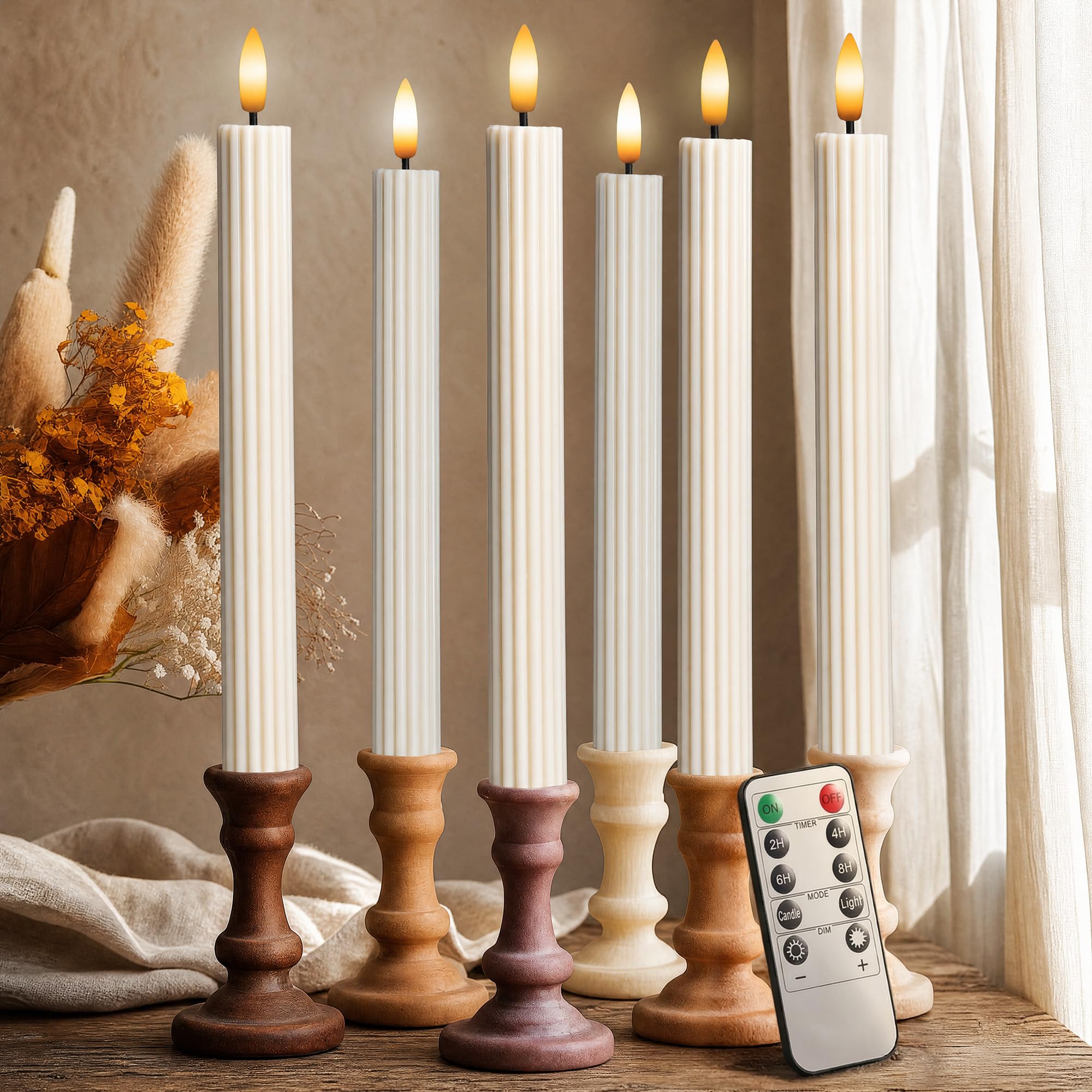 6 Pack, 10" LED Flameless Real Wax Cream Beige Fluted Ribbed Grooved Taper Candles, Remote &amp; 24h Timer Memory, On/Off Button, Dimmable, Flicker Mode, Battery Operated, Wedding