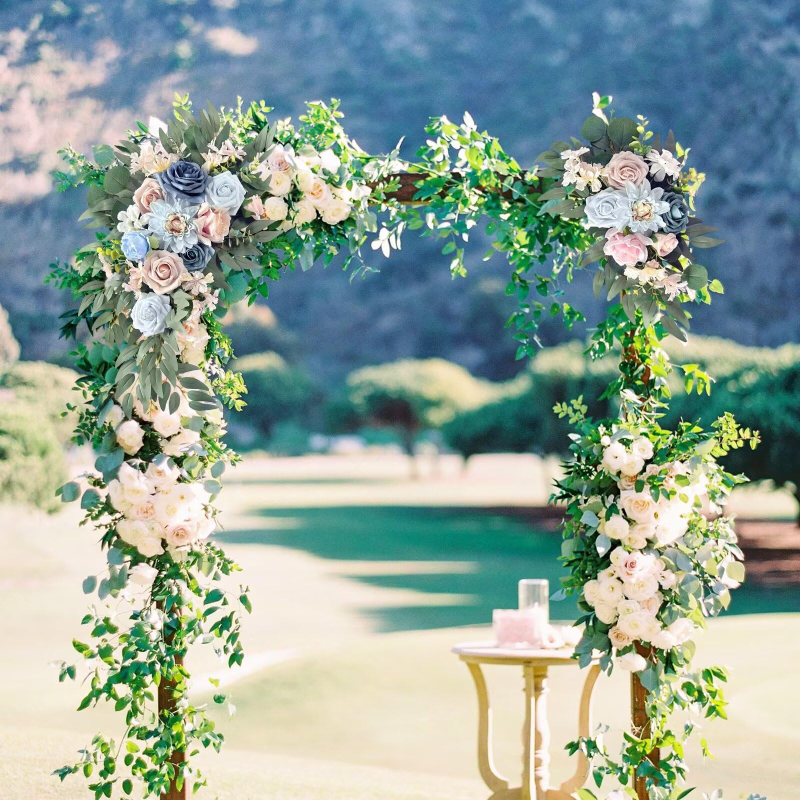 Künstliche Blumengirlande, Hochzeits-Willkommensschild, Blumengirlande, blau-rosa Blumen für Hintergrund, Dekoration, Hochzeitsbogen, Blumenarrangements, Zeremonie und Empfangsdekoration