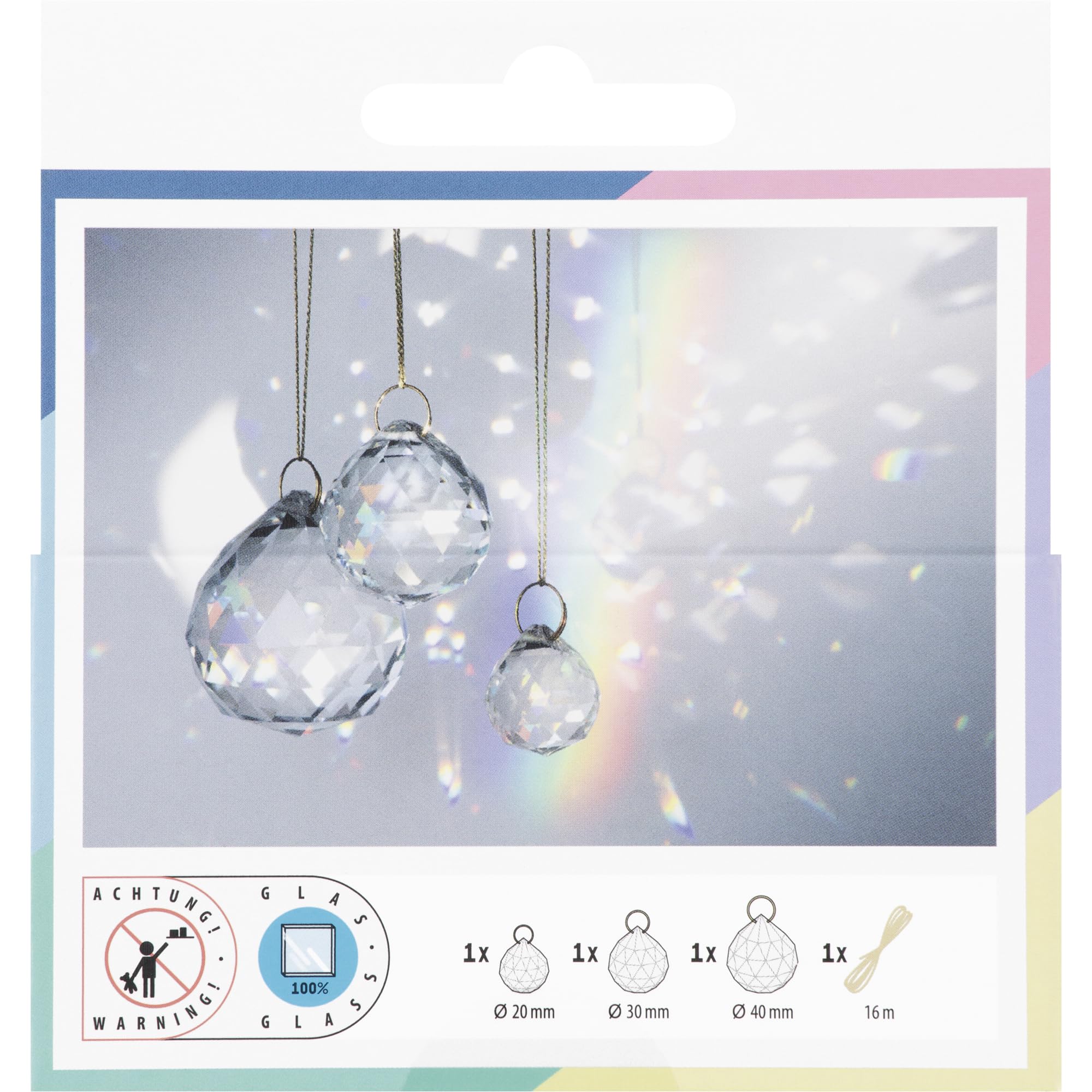 folia 23849 - Sun Catcher CRYSTAL TRIO, 3 szklane łapacze słońca, w tym 16 m metalicznej przędzy w kolorze złotym, kryształy Ø 2, 3 i 4 cm do zawieszenia