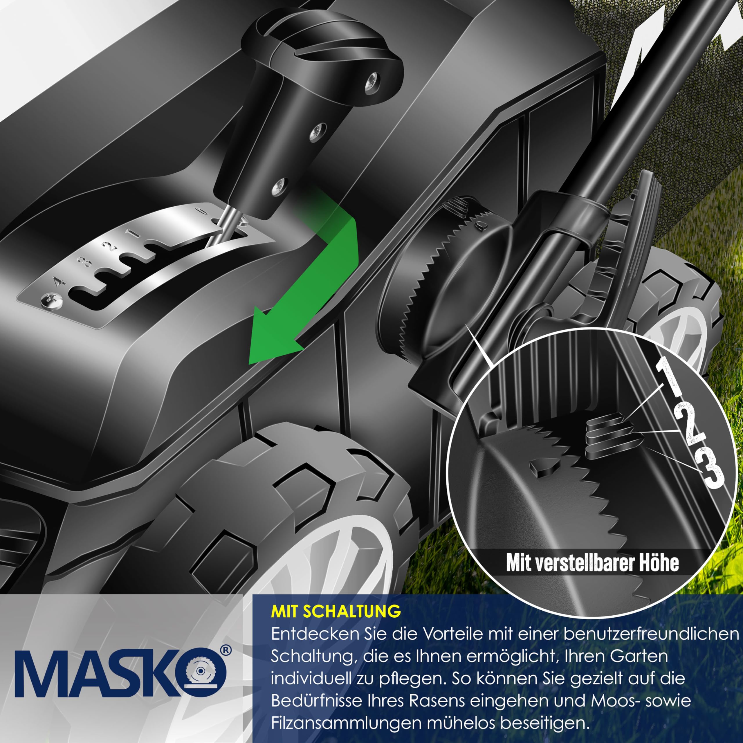 MASKO® Escarificador eléctrico 2 en 1, aireador de césped 1800W, 40 cm de ancho de trabajo, cesta de recogida de 55 l, eliminador de musgo, profundidad de trabajo ajustable en 5 etapas, negro