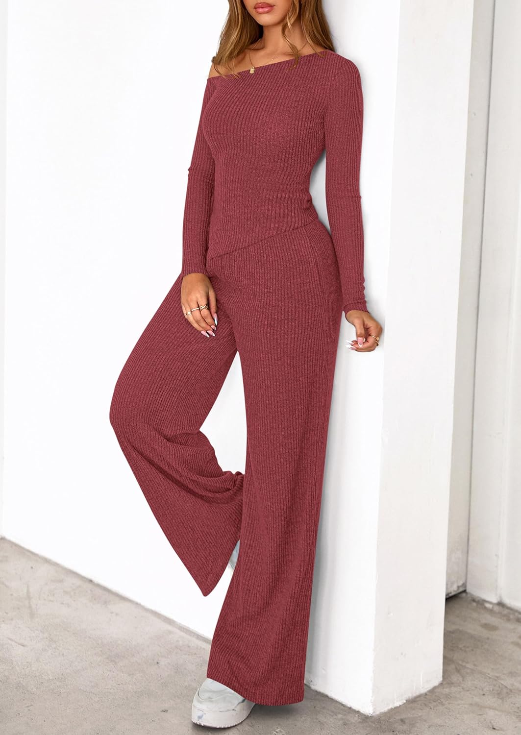 PRETTYGARDEN Fall Two Piece Sets For Women 2026 Off Shoulder Tops Long Pants Knit Matching Lounge Set Airport Travel Outfits - Image 6