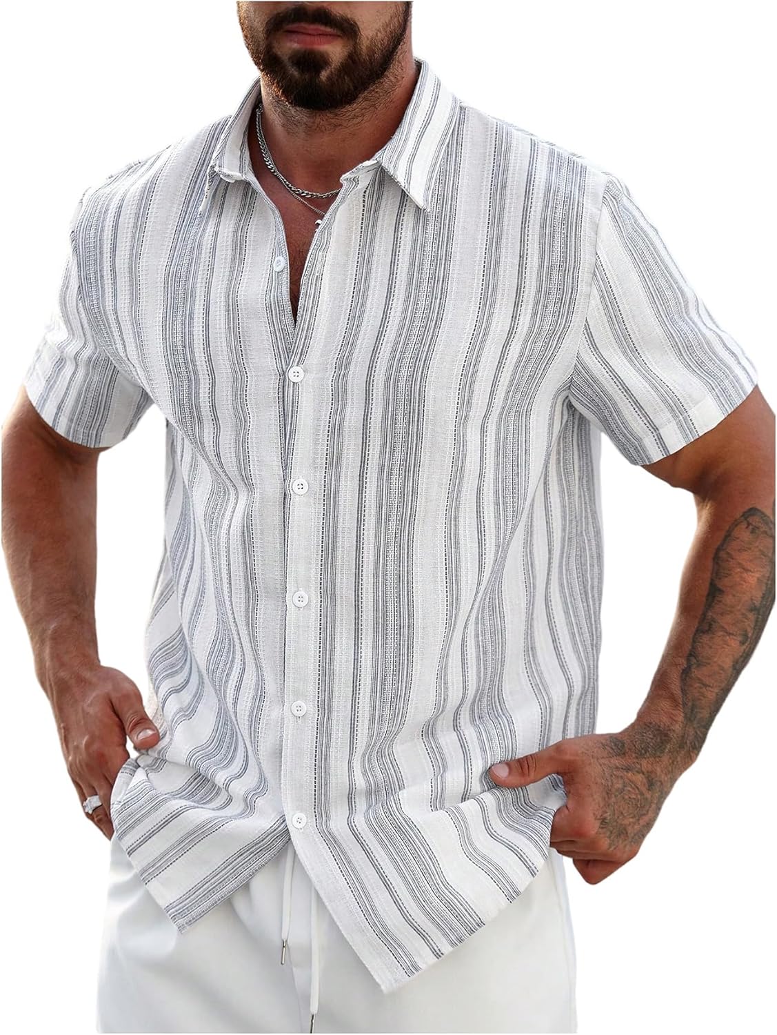 SOLY HUX Men's Button Down Striped Shirt Beach Vacation Short Sleeve Tops Summer Outfit