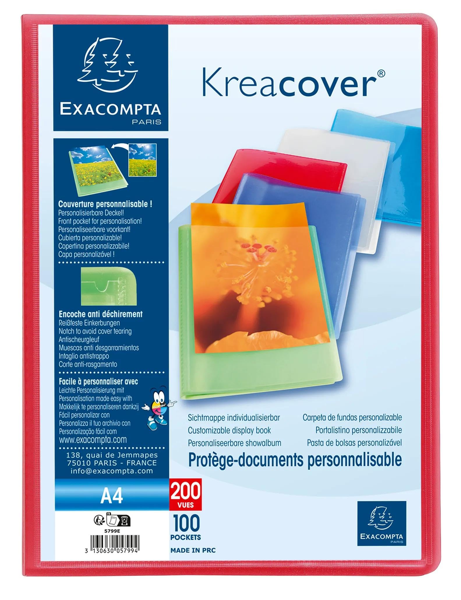 Exacompta 5799E 8er Pack Sichtmappe KreaCover aus Kunststoff DIN A4 mit 100 Klarsichthüllen, 200 Sichten, Tasche am Vorderdeckel zum selbstgestalten, Aktenhülle, Prospekthülle, farbig sortiert