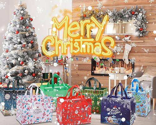 Miniatura 7 de 18 bolsas de regalo de Navidad, bolsas de Navidad con asas, bolsas de compras reutilizables no tejidas para regalos de Navidad, suministros de
