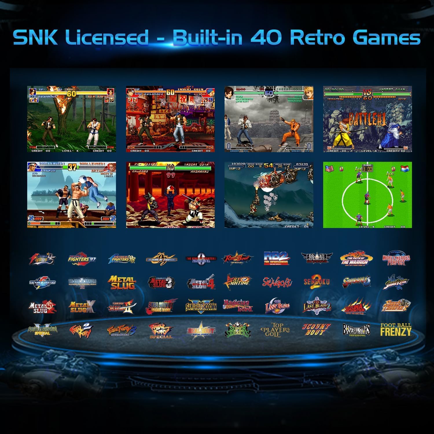 Unico Console de jeu portable, lecteur de poche portable, 40 jeux classiques SNK pré-chargés, y compris King of Fighters, Metal Slug, etc., écran IPS de 4", résolution 720 x 960, batterie rechargeable