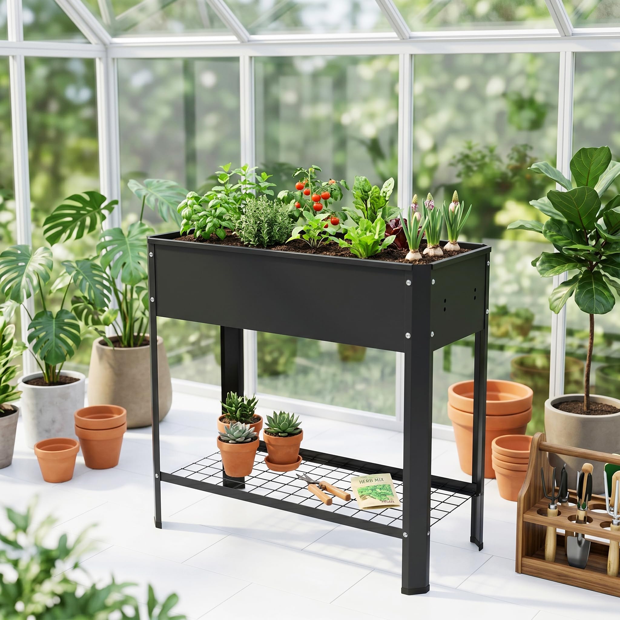 UISEBRT Podwyższona grządka z półką, 56 l, kwietnik z metalu, nierdzewna i odporna na warunki atmosferyczne, 80 x 35 x 80 cm, podwyższona inspekt, zioła, do ogrodu, na balkon, taras, czarna