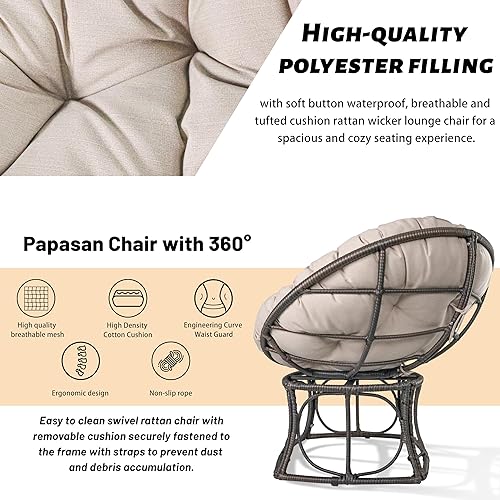 Miniatura 3 de Erotr Silla Papasan de mimbre de ratán, silla giratoria de 360 grados con cojín grueso, silla de luna para sala de estar, dormitorio, sala de