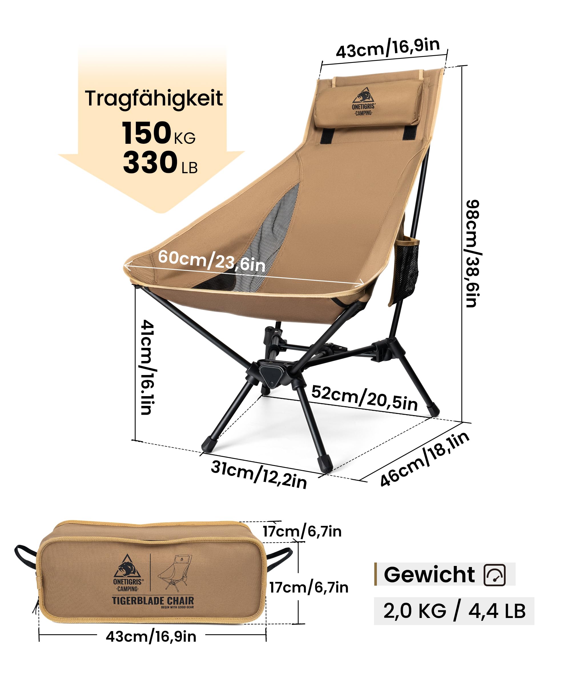OneTigris TIGERBLADE Campingstuhl Hochlehner faltbar 150 kg, Klappstuhl Camping leicht Dreiecksrahmen, Angelstuhl klappbar mit 2 Seitentaschen, Faltstuhl Ultraleicht für Outdoor, Wandern
