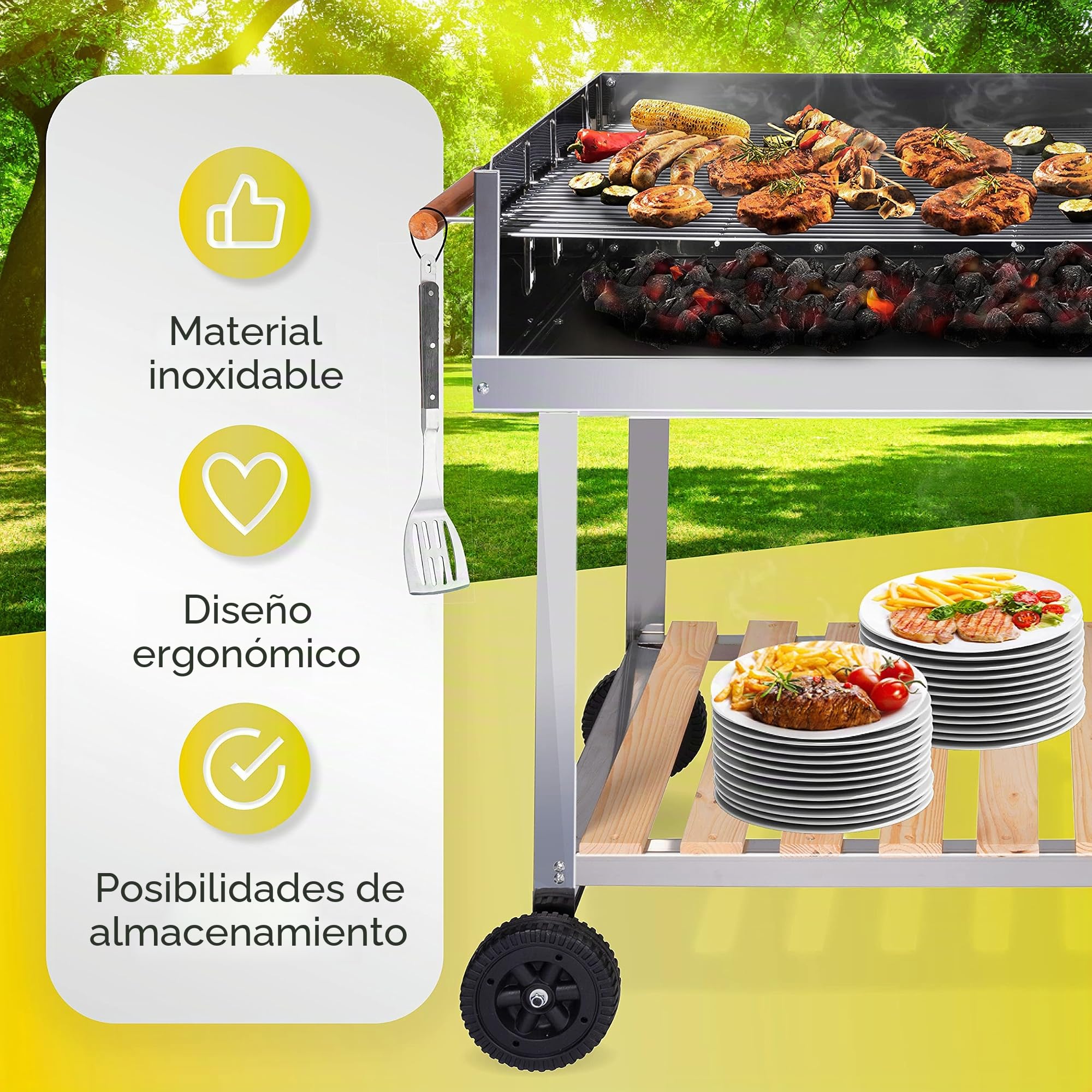 BBQ Collection Barbacoa de Carbón - Carrito con Mesa Lateral - Parrilla sobre Ruedas - Acero Inoxidable - 2 Parrillas - 98 x 56 x 85 CM