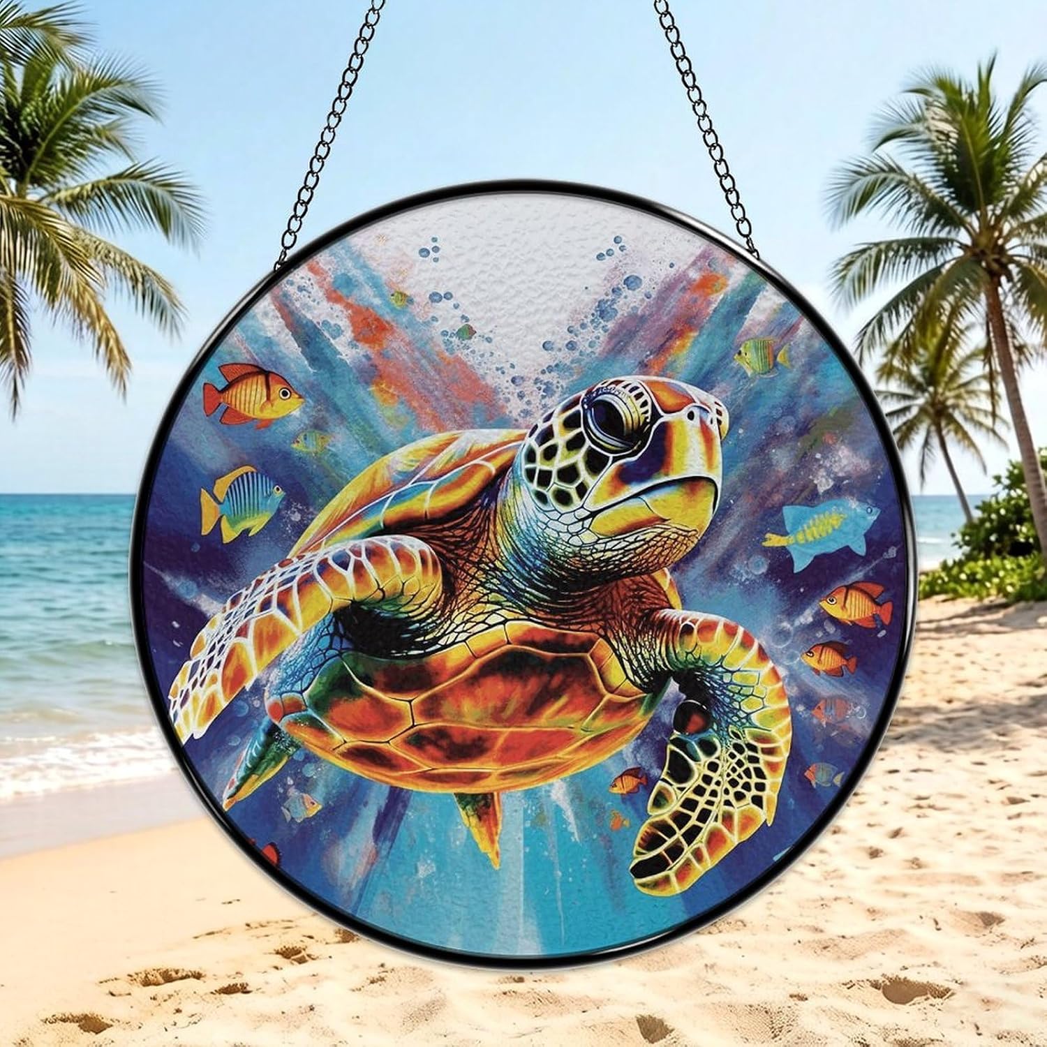 30x30cm Round Stained Glass Suncatcher for Window Hanging Decor with Chain