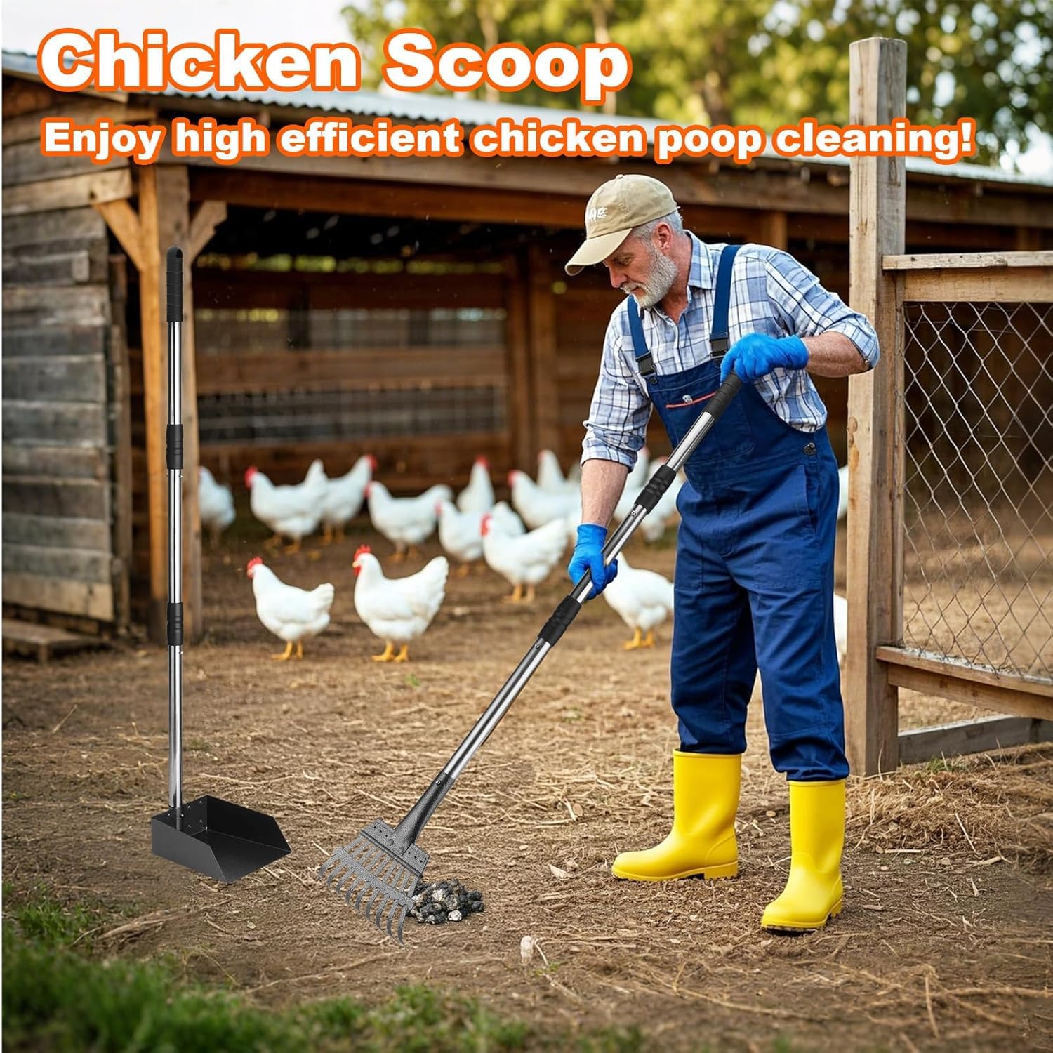 Hühnerstall-Zubehör: 2-in-1 Ergonomische Hühner-Schaufel zur Reinigung und Siebung, Einstellbar Mistegge mit raumsparendem Träger und Egge,Gartenhühnerstall-Ausrüstung