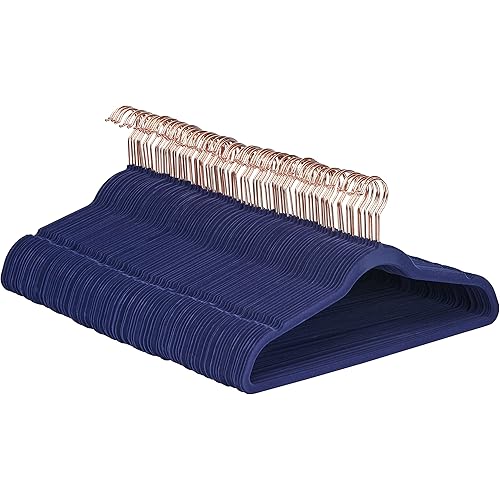 Amazon Basics Slim, Velvet, Non-Slip Suit Clothes Hangers, Navy Blue/Rose Gold - Pack of 100