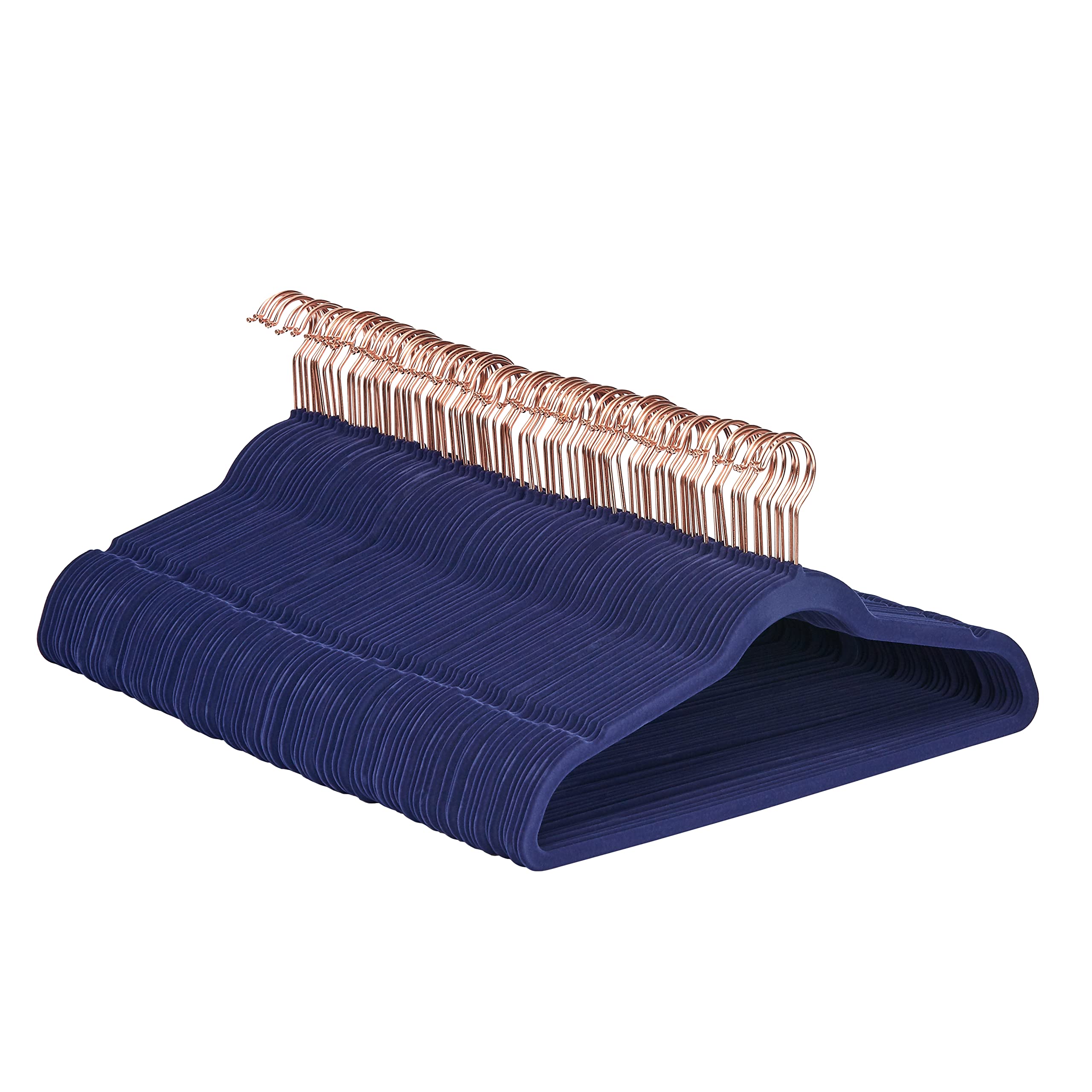 Photo 1 of Amazon Basics Slim, Velvet, Non-Slip Suit Clothes Hangers, Navy Blue/Rose Gold - Pack of 100 Navy Blue/Gold 100-Pack Suit Hangers